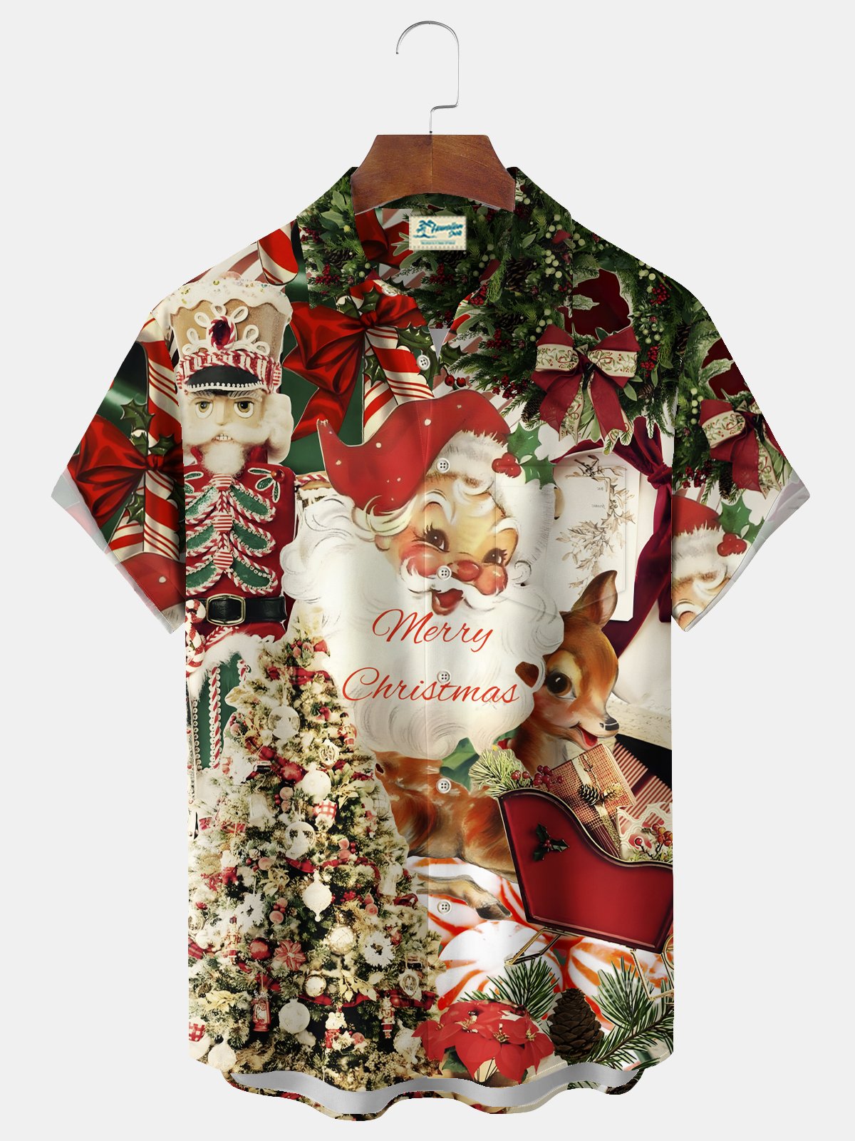 Royaura® Christmas Men's Santa Claus Elk Print Chest Pocket Stretch Hawaiian Shirt Big Tall