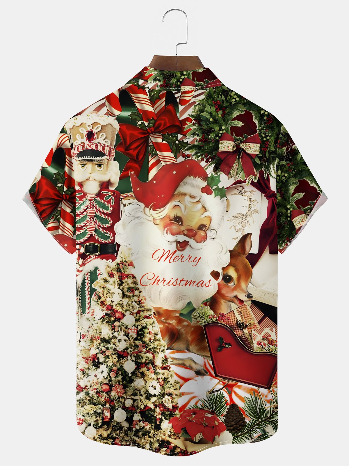 Royaura® Christmas Men's Santa Claus Elk Print Chest Pocket Stretch Hawaiian Shirt Big Tall