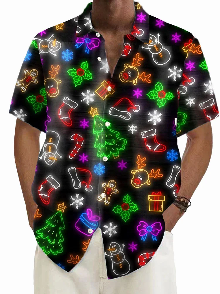 Royaura® Christmas Print Men's Button Pocket Short Sleeve Shirt Big & Tall