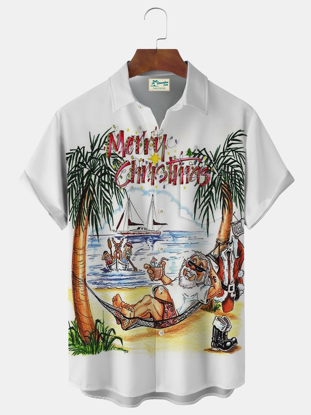 Royaura® Christmas Santa Claus Palm Tree Print Men's Holiday Chest Pocket Stretch Short Sleeve Shirt Big & Tall