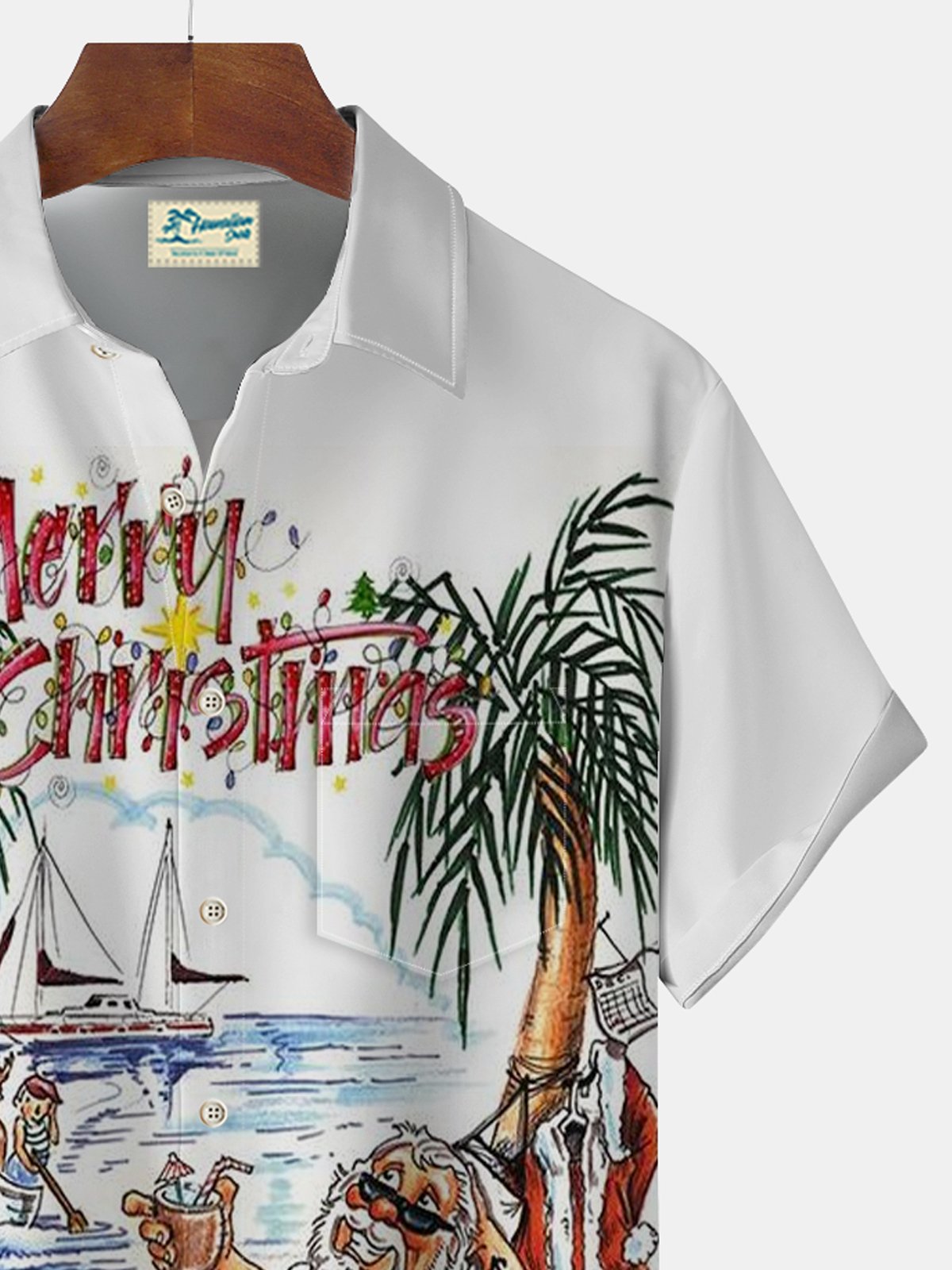 Royaura® Christmas Santa Claus Palm Tree Print Men's Holiday Chest Pocket Stretch Short Sleeve Shirt Big & Tall