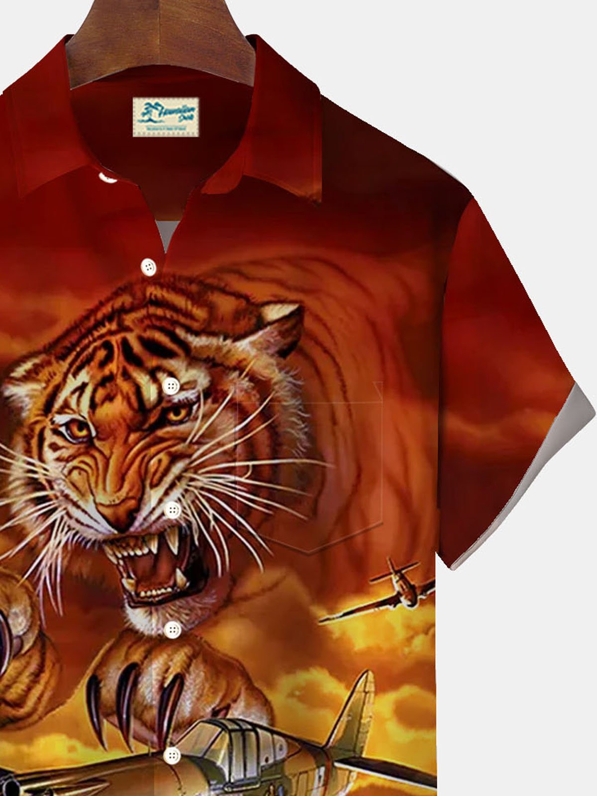 Royaura® Retro Tiger War Print Men's Button Pocket Short Sleeve Shirt Big & Tall