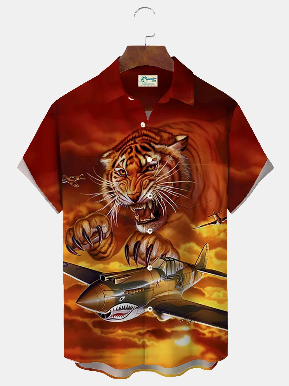 Royaura® Retro Tiger War Print Men's Button Pocket Short Sleeve Shirt Big & Tall