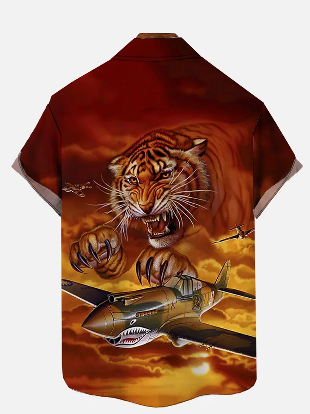 Royaura® Retro Tiger War Print Men's Button Pocket Short Sleeve Shirt Big & Tall