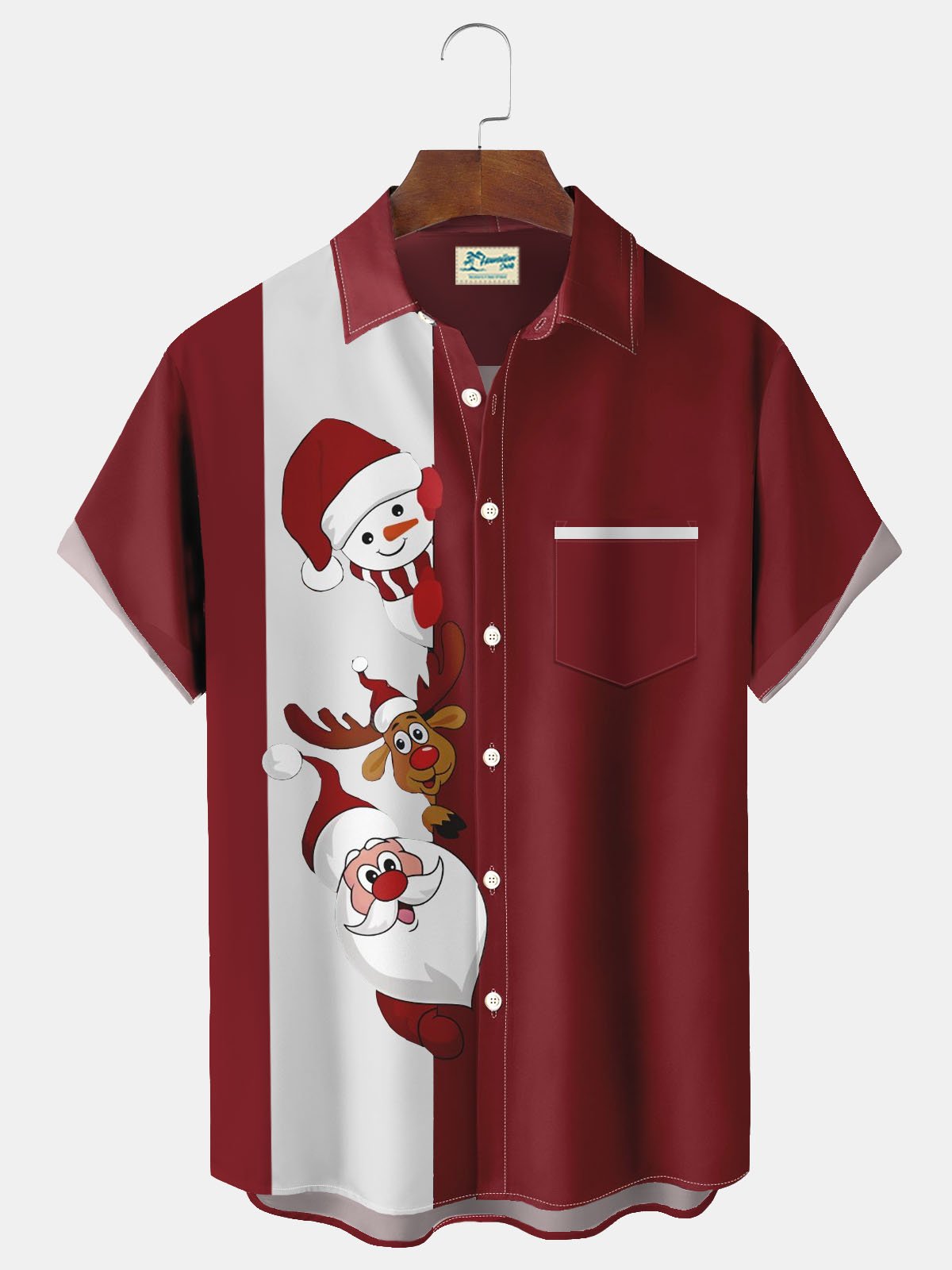 Royaura® Christmas Old Man Sika Deer Snowman Print Men's Button Pocket Short Sleeve Shirt Big & Tall