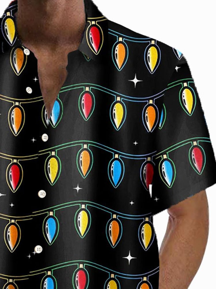 Royaura® Christmas Lights Print Men's Button Pocket Short Sleeve Shirt Big & Tall