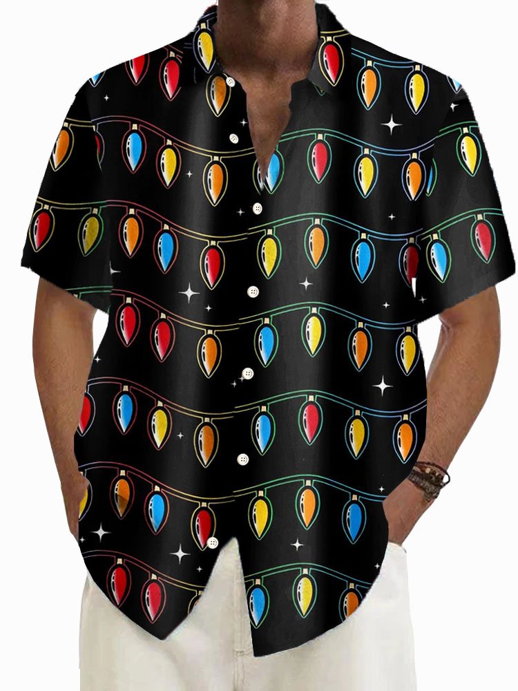 Royaura® Christmas Lights Print Men's Button Pocket Short Sleeve Shirt Big & Tall