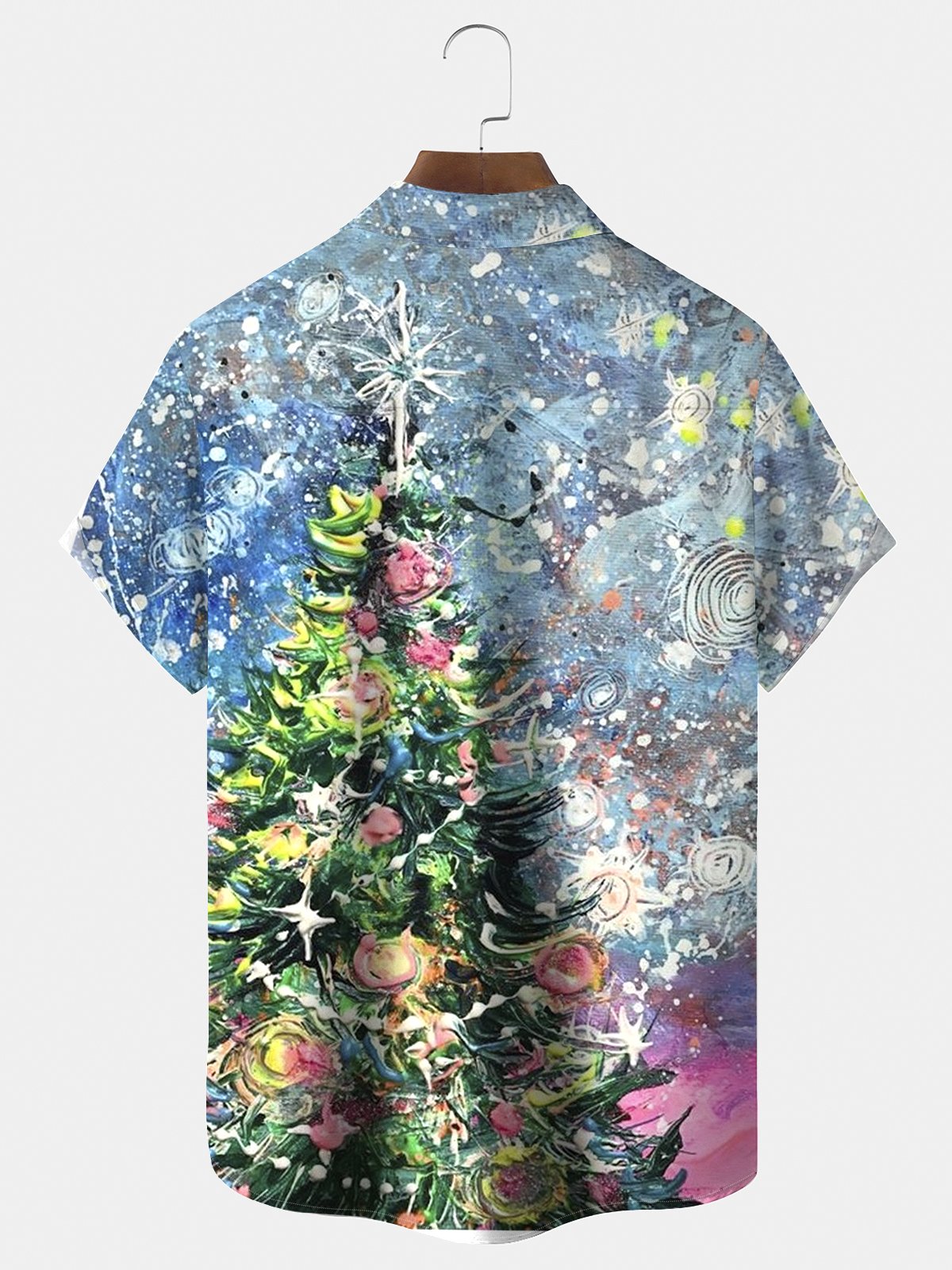 Royaura® Christmas Tree Painting Print Men's Holiday Chest Pocket Stretch Short Sleeve Shirt Big & Tall