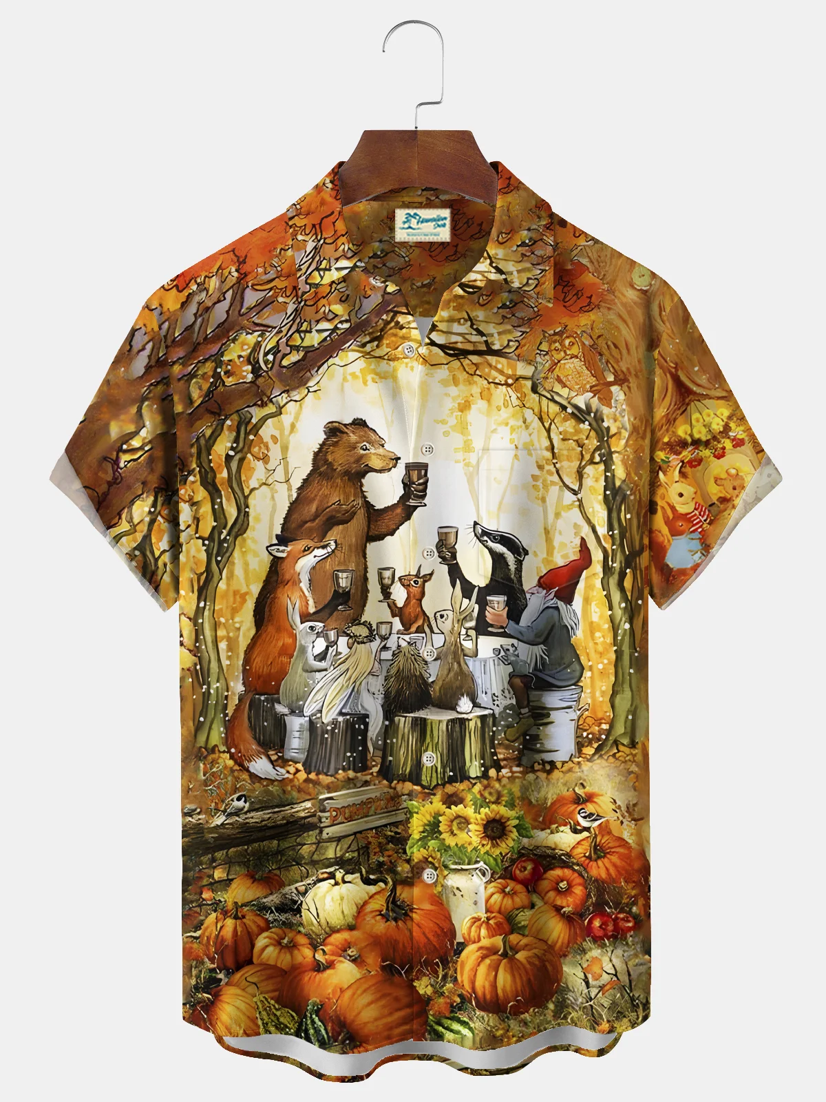 Royaura® Thanksgiving Orange Men's Lapel Pumpkin Bear Maple Leaf Cartoon Print Pocket Stretch Hawaiian Shirt Big Tall