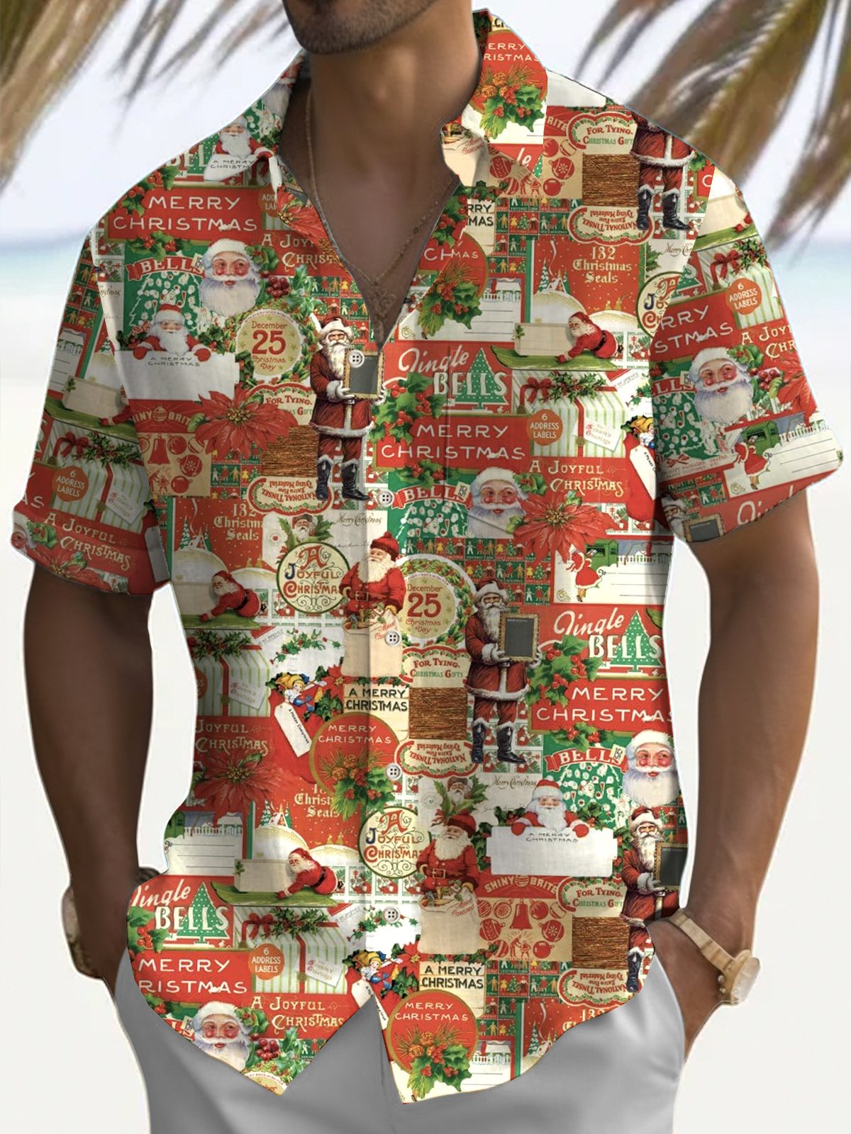 Royaura® Christmas Santa Claus Print Men's Holiday Chest Pocket Stretch Short Sleeve Shirt Big & Tall