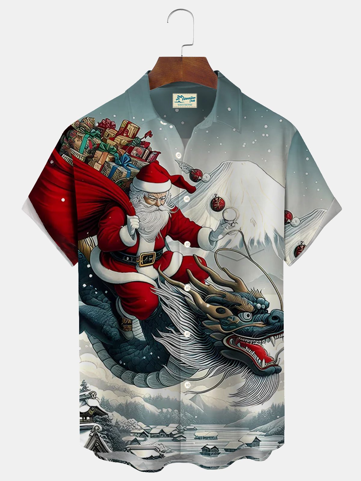 Royaura® Christmas Oriental Dragon Print Men's Button Pocket Short Sleeve Shirt Big & Tall