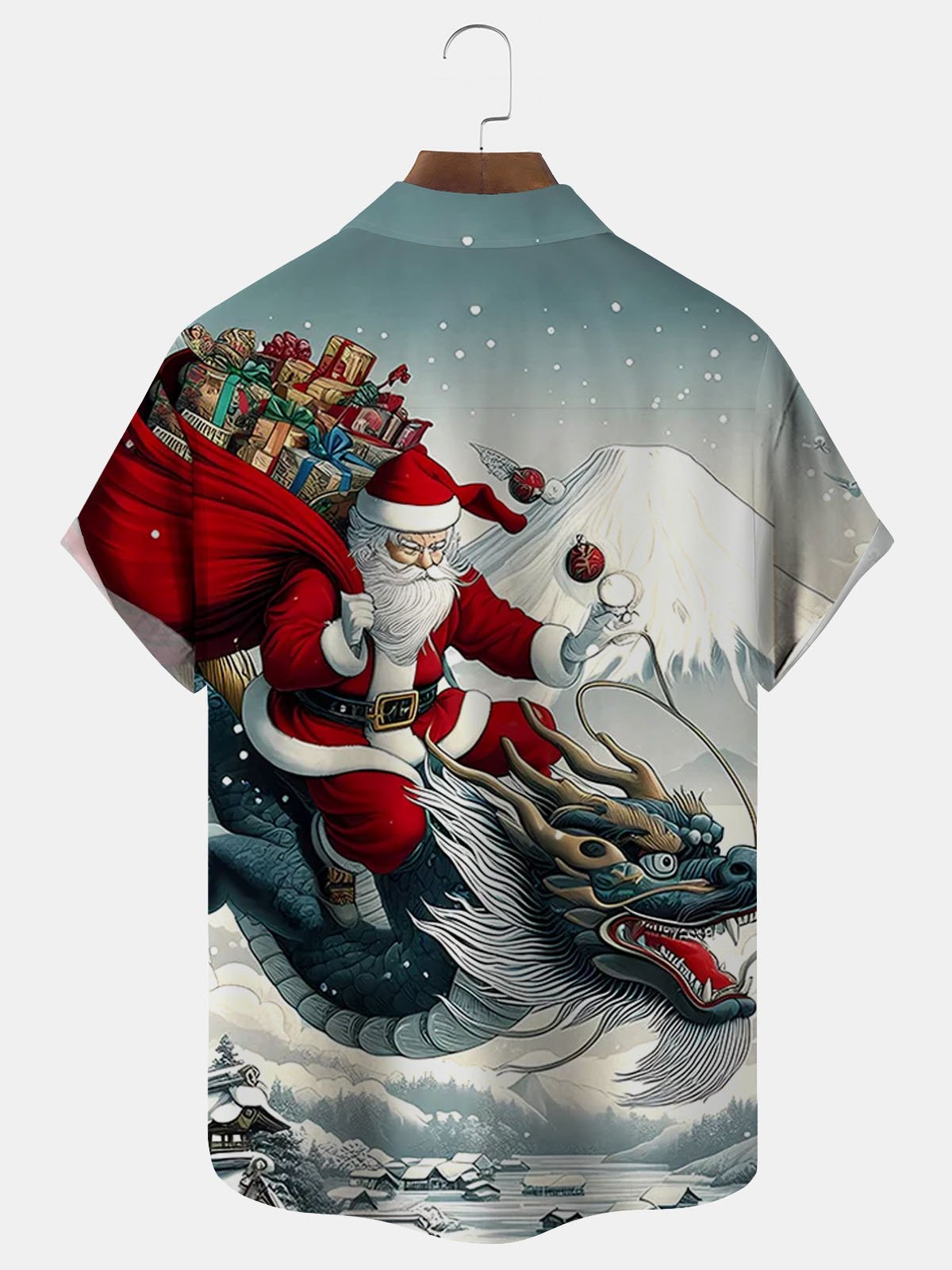 Royaura® Christmas Oriental Dragon Print Men's Button Pocket Short Sleeve Shirt Big & Tall