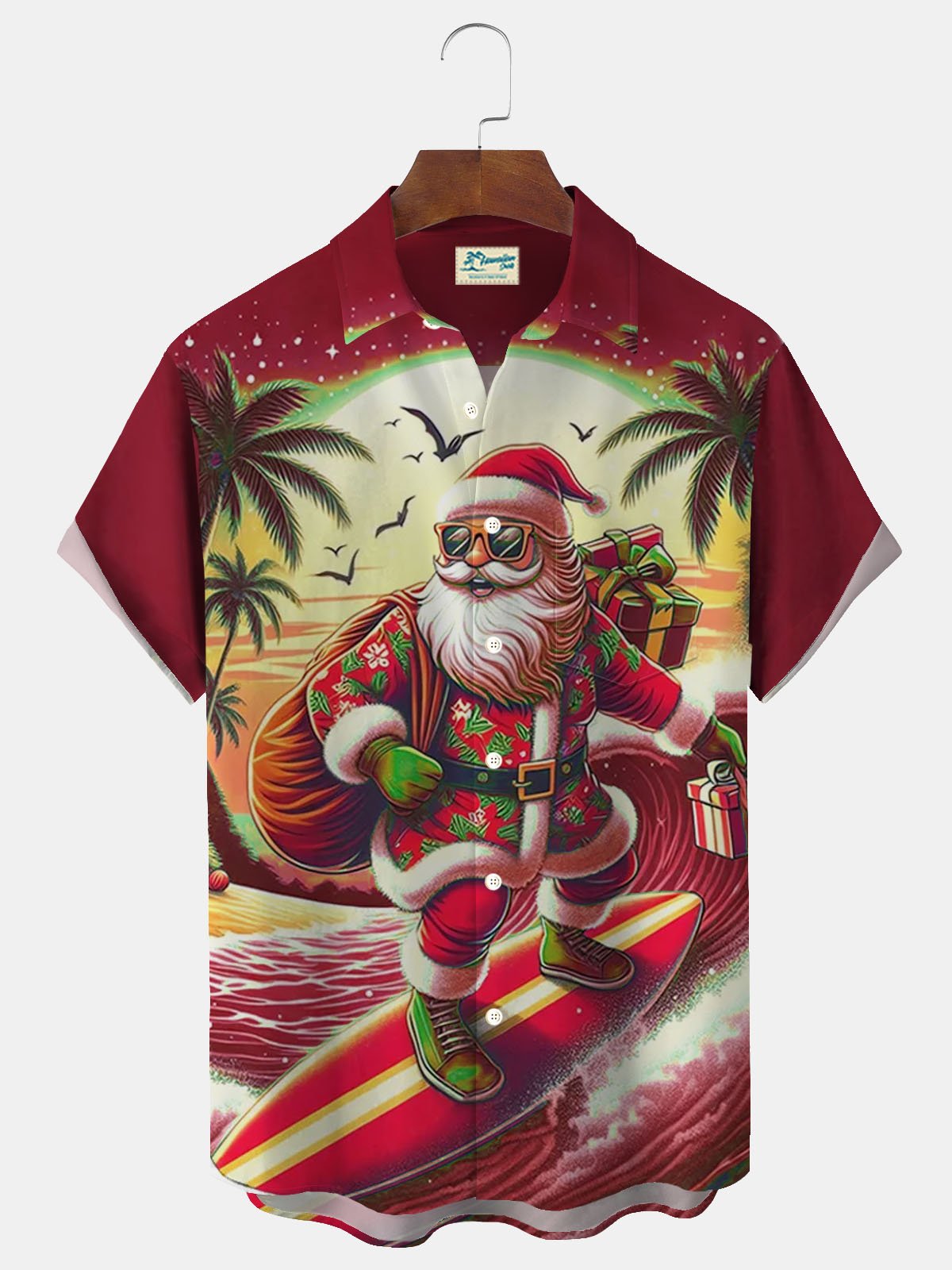 Royaura® Christmas Surf Print Men's Button Pocket Short Sleeve Shirt Big & Tall