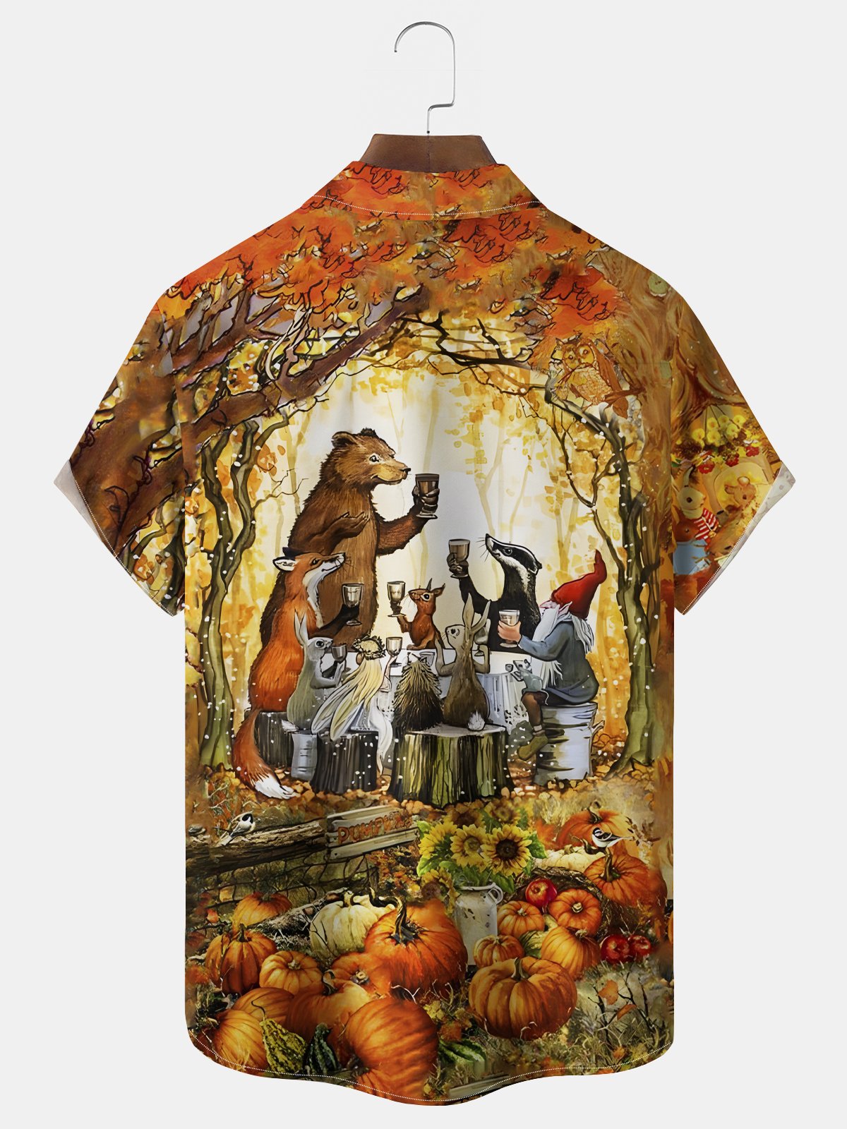 Royaura® Thanksgiving Orange Men's Lapel Pumpkin Bear Maple Leaf Cartoon Print Pocket Stretch Hawaiian Shirt Big Tall