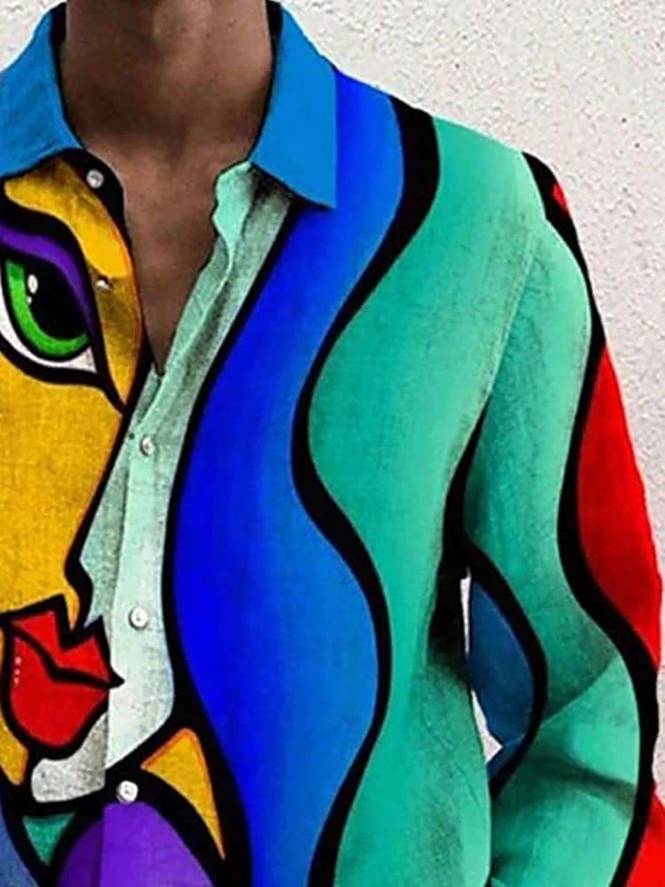 Royaura® Retro Art Color Block Print Men's Button Pocket Long Sleeve Shirt Big & Tall