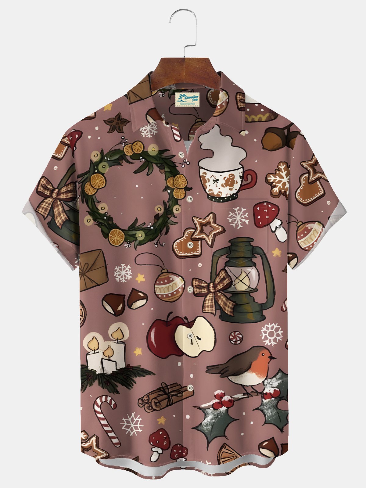 Royaura® Christmas Men's Cartoon Print Chest Pocket Stretch Hawaiian Shirt Big Tall