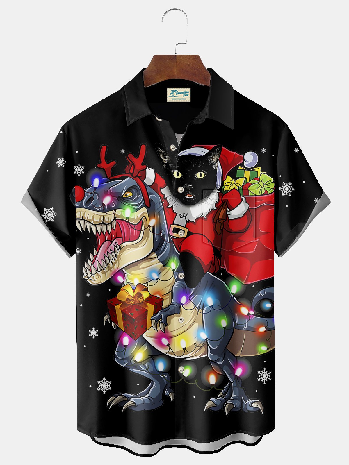 Royaura® Christmas Men's Christmas Cat Dinosaur Print Chest Pocket Stretch Hawaiian Shirt Big Tall