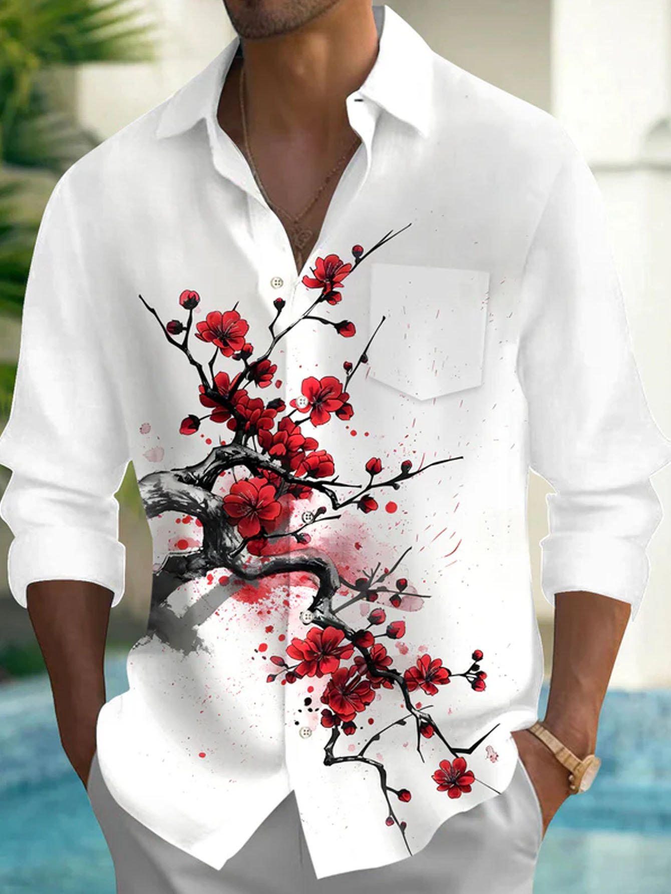 Royaura® Vintage Plum Blossom Print Men's Button Pocket Long Sleeve Shirt Big & Tall