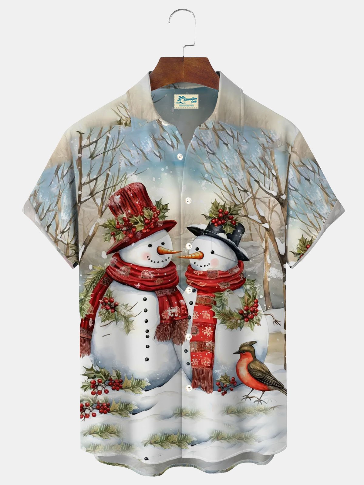 Royaura® Christmas Snowman Print Men's Button Pocket Short Sleeve Shirt Big & Tall