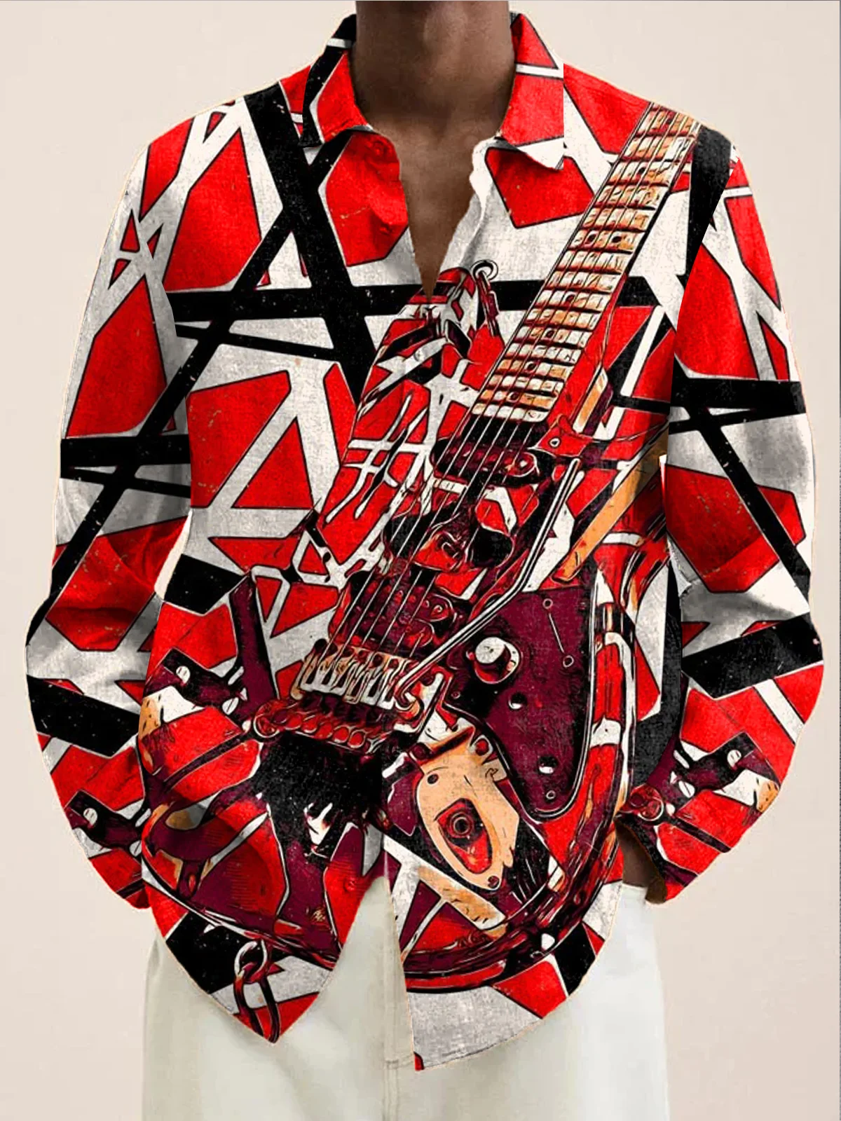 Royaura® Vintage Music Guitar Print Men's Chest Pocket Stretch Long Sleeve Shirt Big & Tall