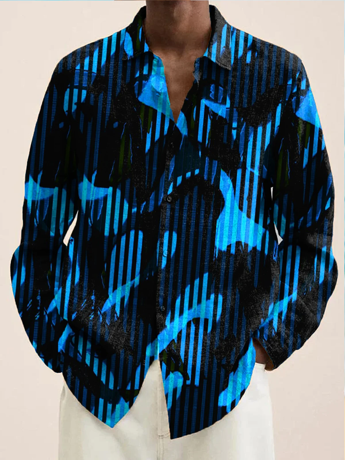 Royaura® Vintage Geometry Print Men's Chest Pocket Stretch Long Sleeve Shirt Big & Tall