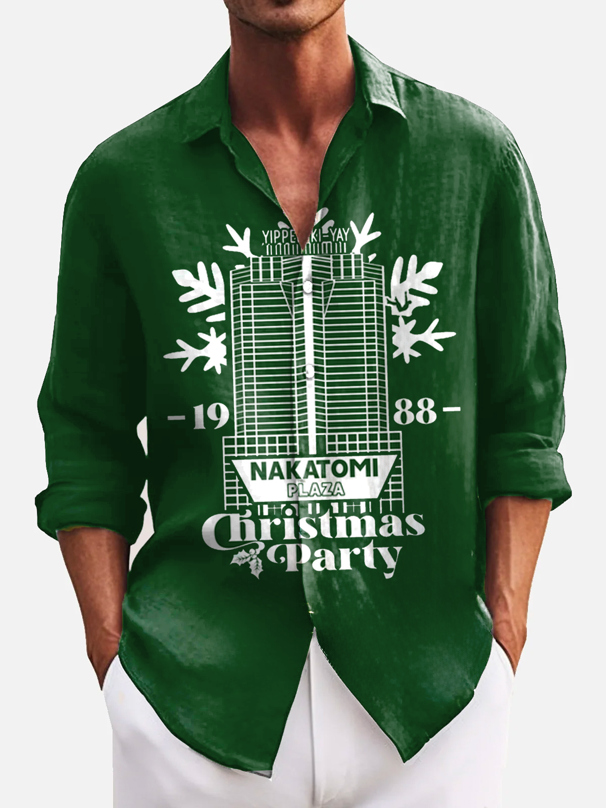 Royaura® Christmas Party Print Men's Holiday Chest Pocket Stretch Long Sleeve Shirt Big & Tall