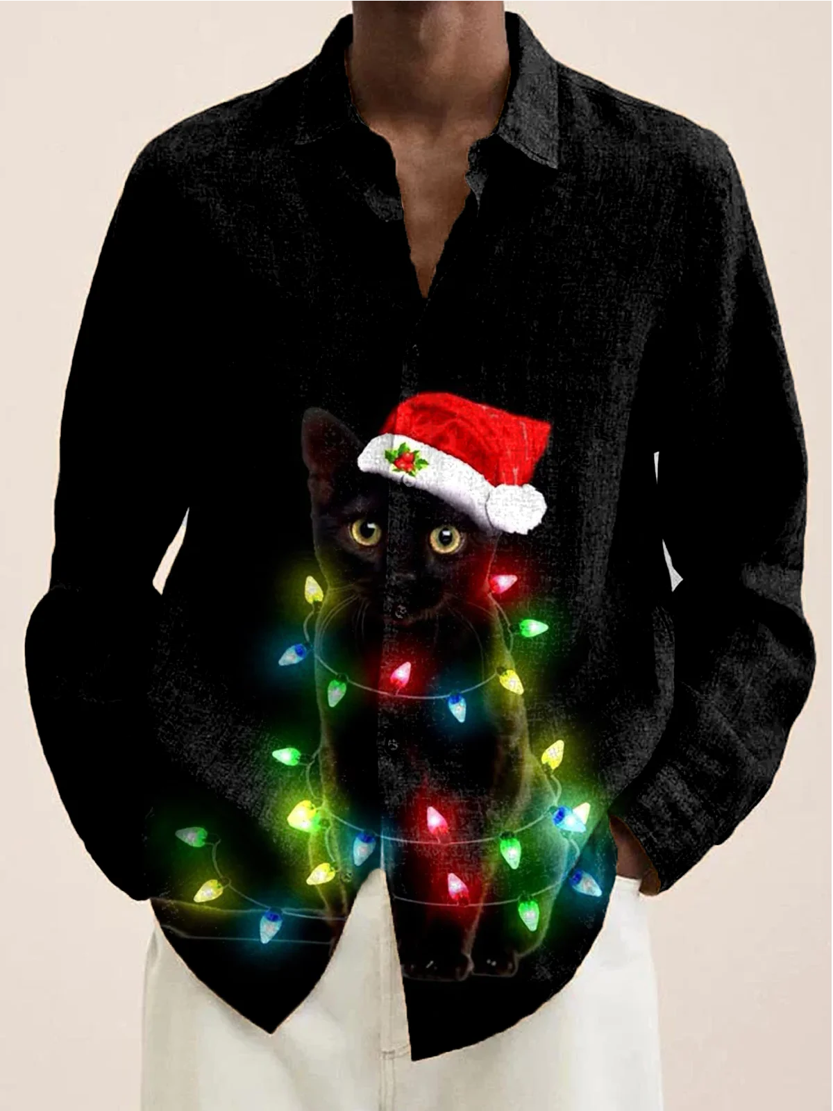 Royaura® Christmas Cat Print Men's Holiday Chest Pocket Stretch Long Sleeve Shirt Big & Tall