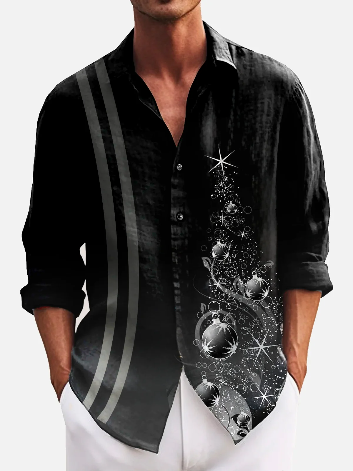 Royaura® Christmas Light Print Men's Holiday Bowling Chest Pocket Stretch Long Sleeve Shirt Big & Tall