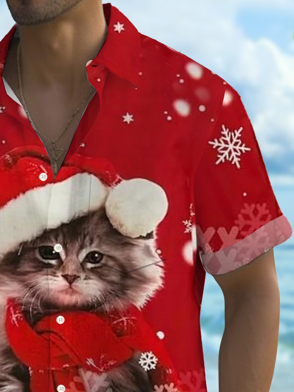 Royaura® Christmas Cat Print Men's Button Pocket Short Sleeve Print Big & Tall