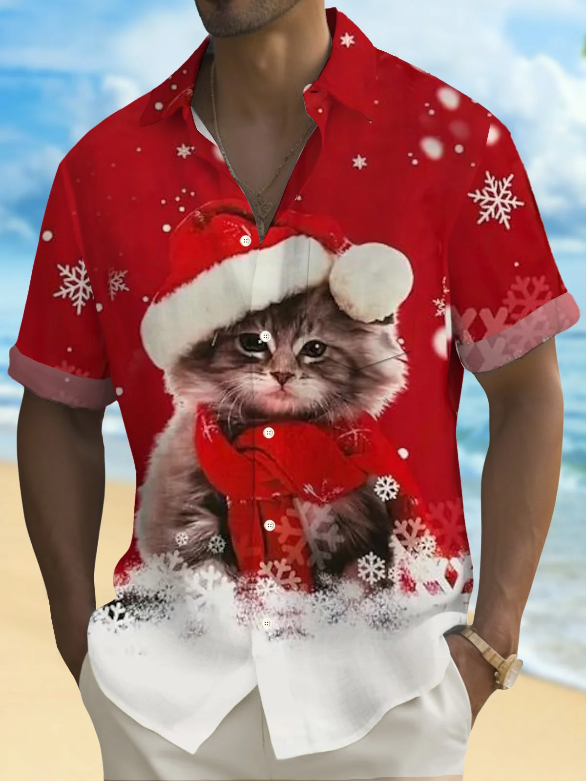 Royaura® Christmas Cat Print Men's Button Pocket Short Sleeve Print Big & Tall