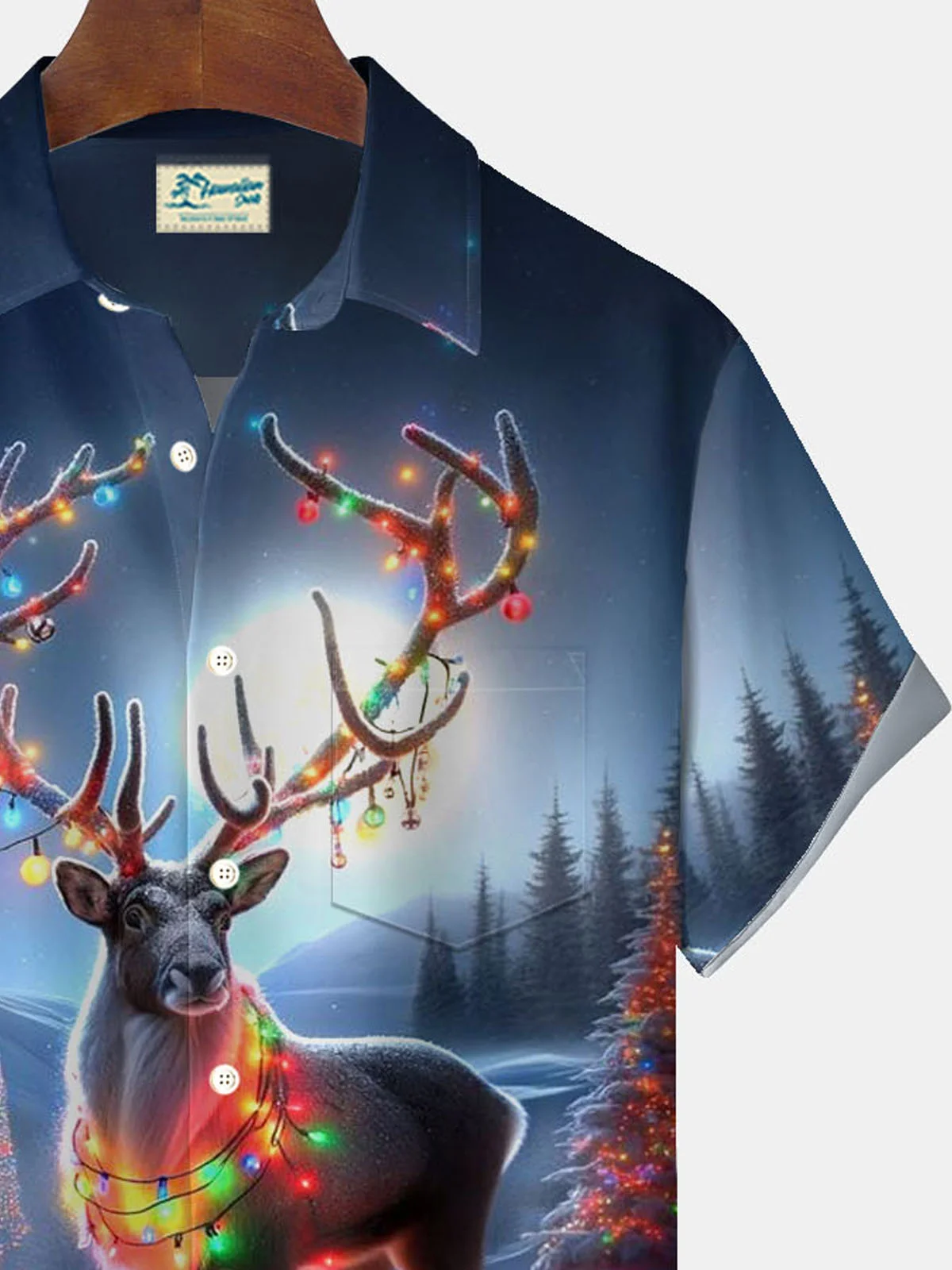 Royaura® Christmas Deer Lantern Print Men's Button Pocket Short Sleeve Shirt Big & Tall