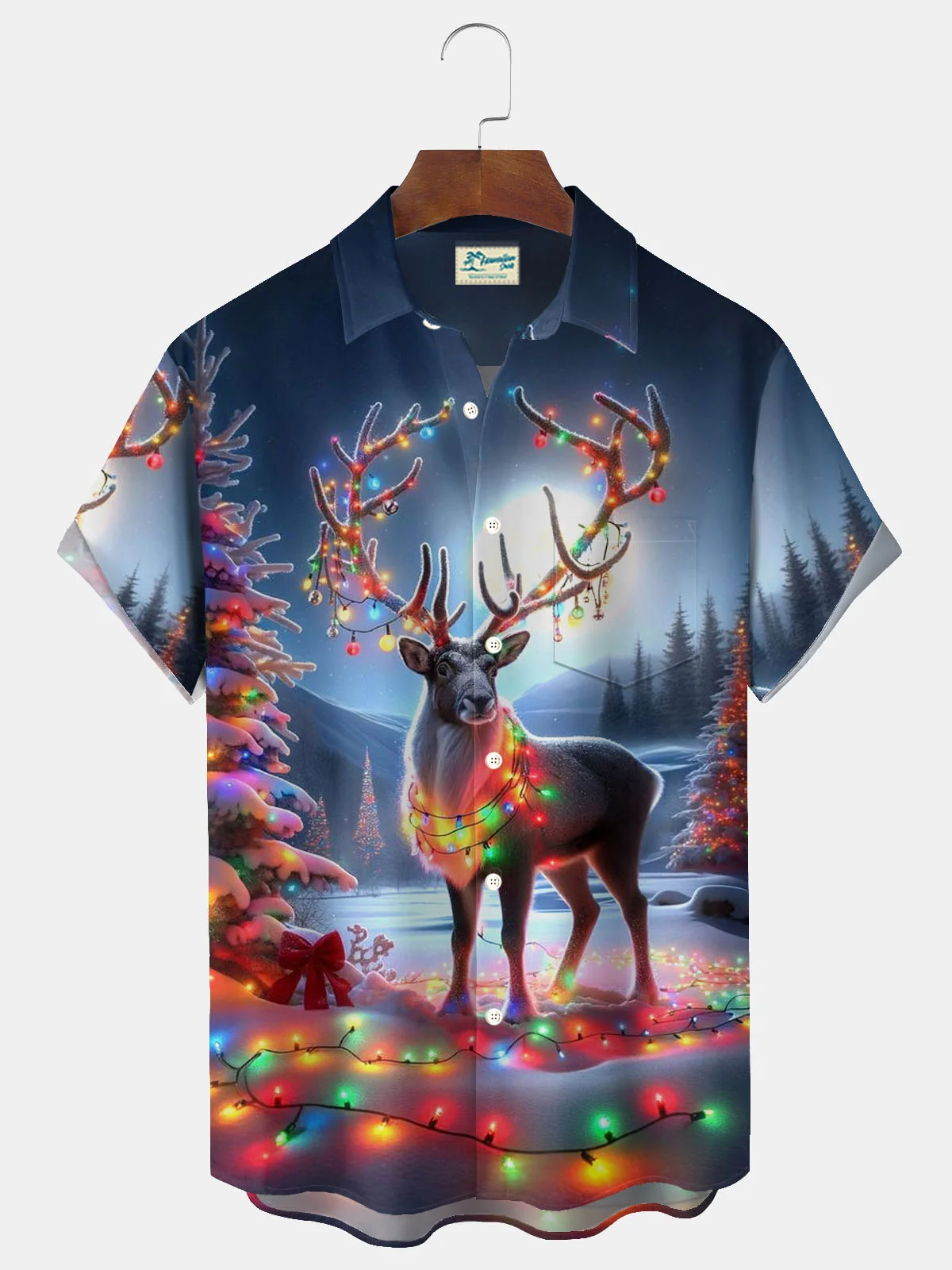 Royaura® Christmas Deer Lantern Print Men's Button Pocket Short Sleeve Shirt Big & Tall