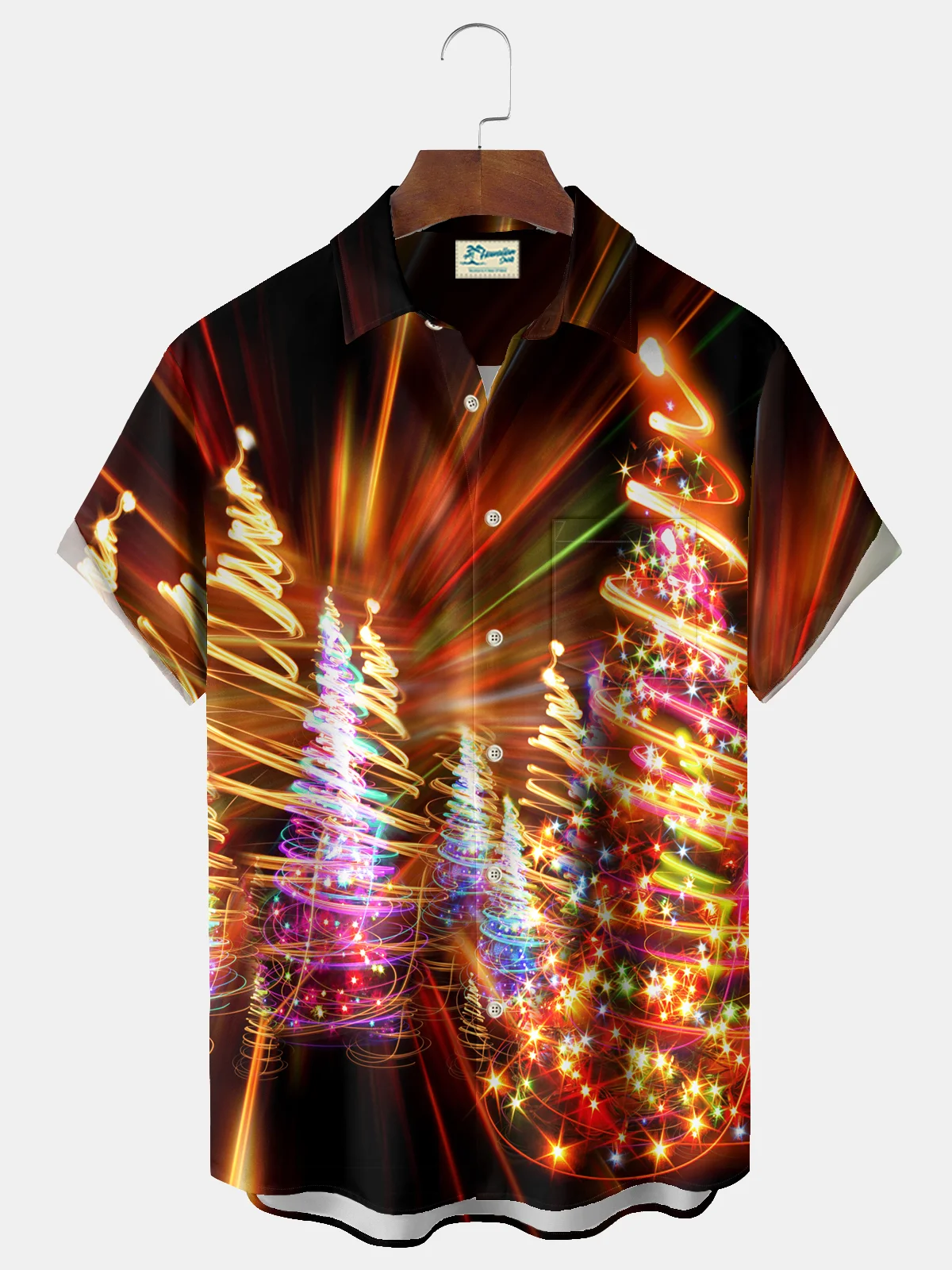 Royaura® Christmas Men's Shiny Lights Christmas Tree Print Chest Pocket Stretch Hawaiian Shirt Big Tall