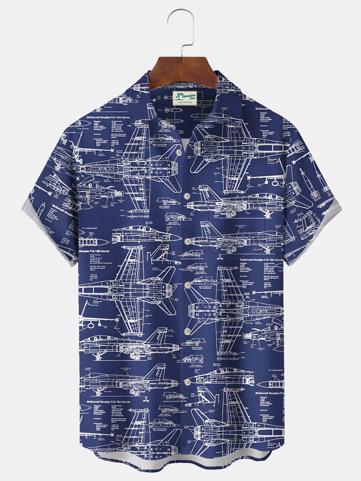 Royaura® Vintage Airplane Drawing Stripe Print Men's Chest Pocket Stretch Hawaiian Shirt Big Tall