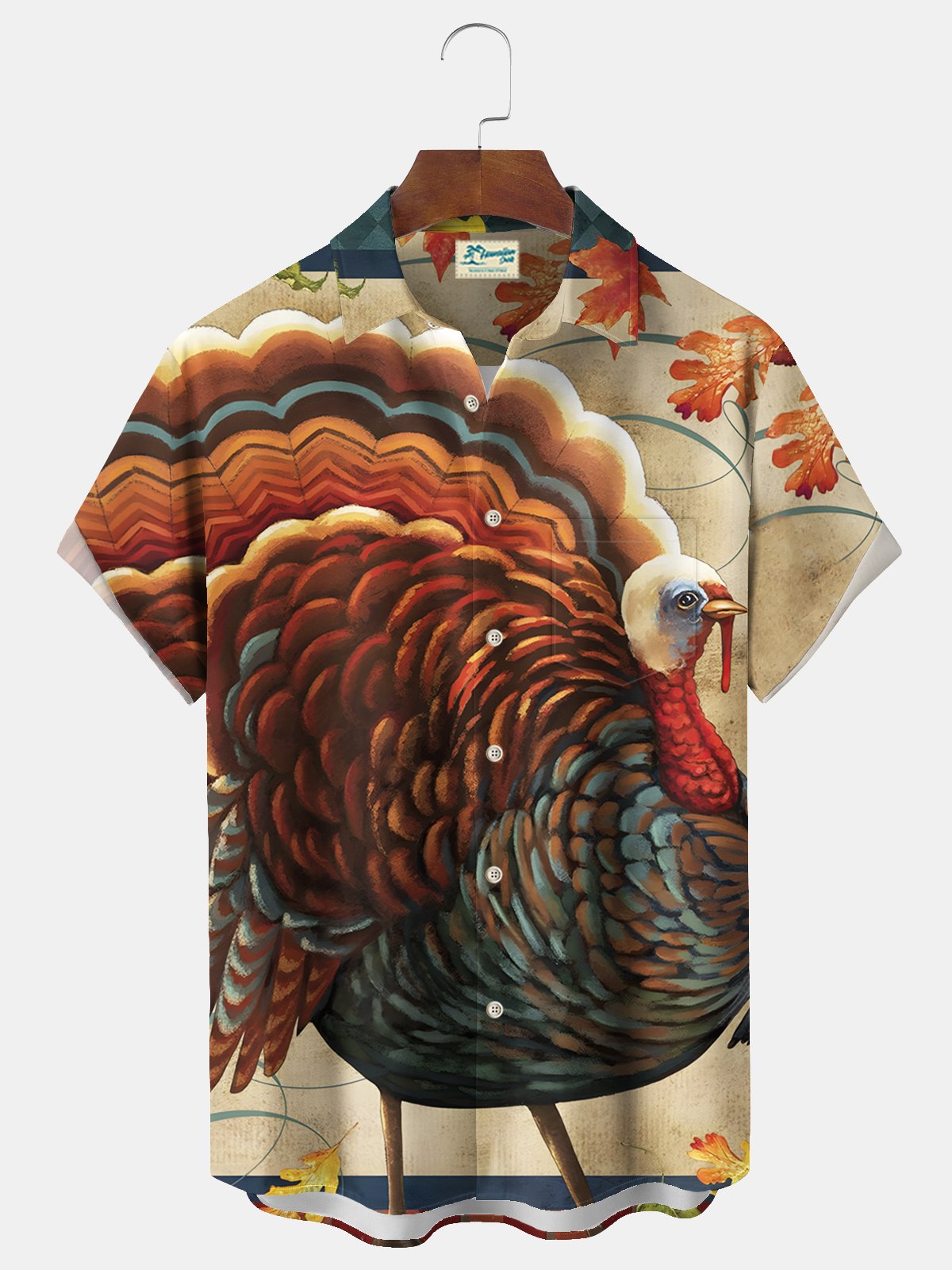 Royaura® Thanksgiving Men's Turkey Print Chest Pocket Stretch Hawaiian Shirt Big Tall