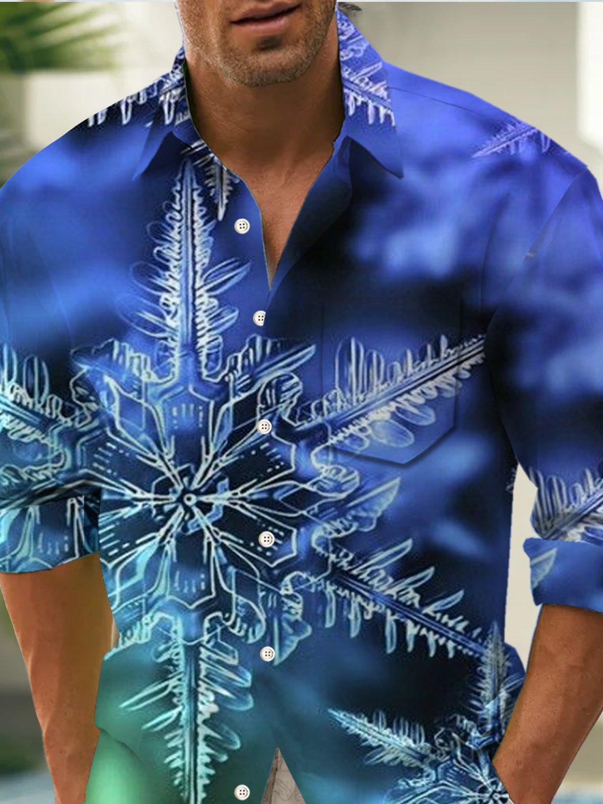 Royaura® Christmas Snowflakes Print Men's Holiday Chest Pocket Stretch Long Sleeve Shirt Big & Tall