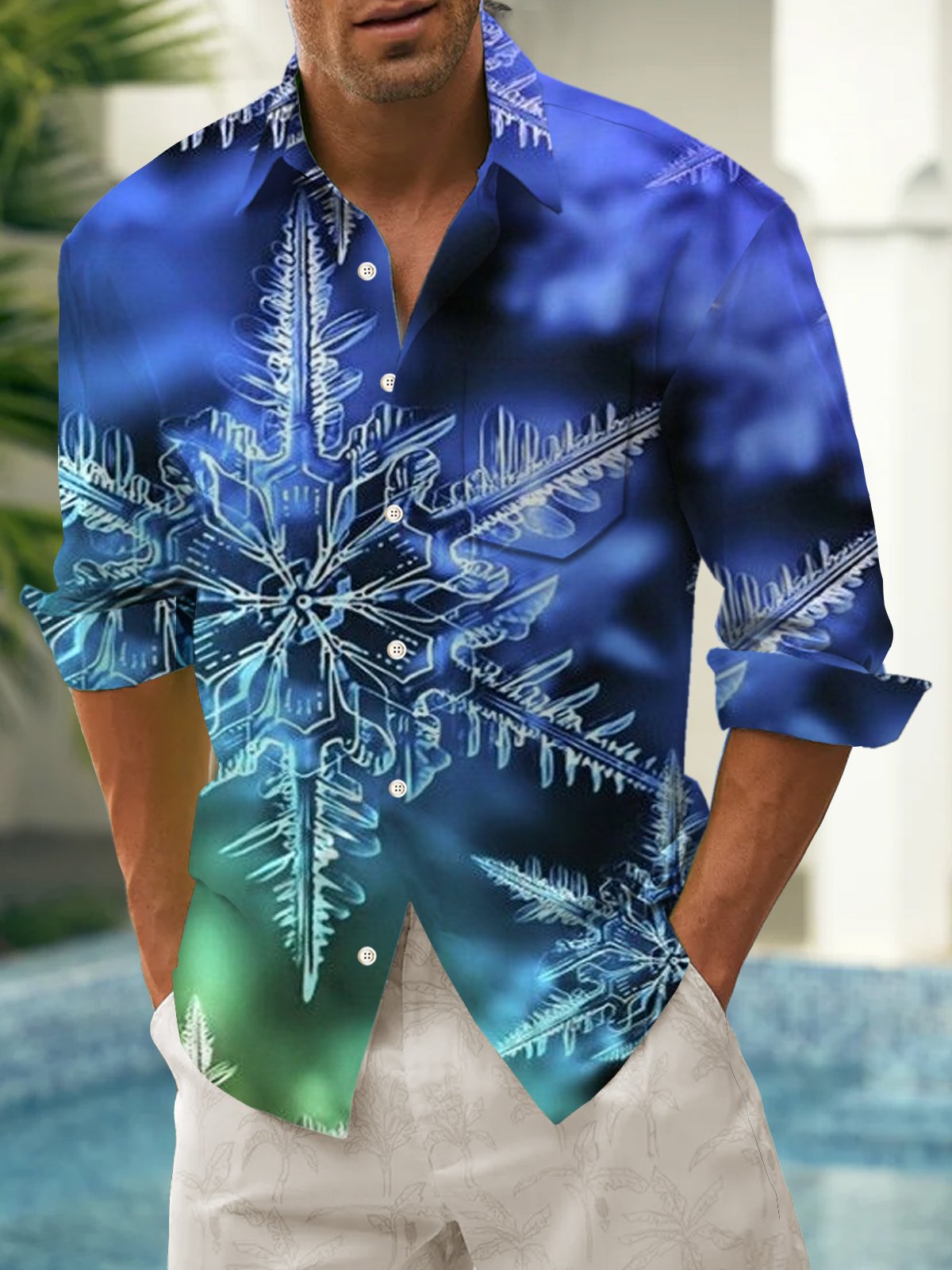 Royaura® Christmas Snowflakes Print Men's Holiday Chest Pocket Stretch Long Sleeve Shirt Big & Tall