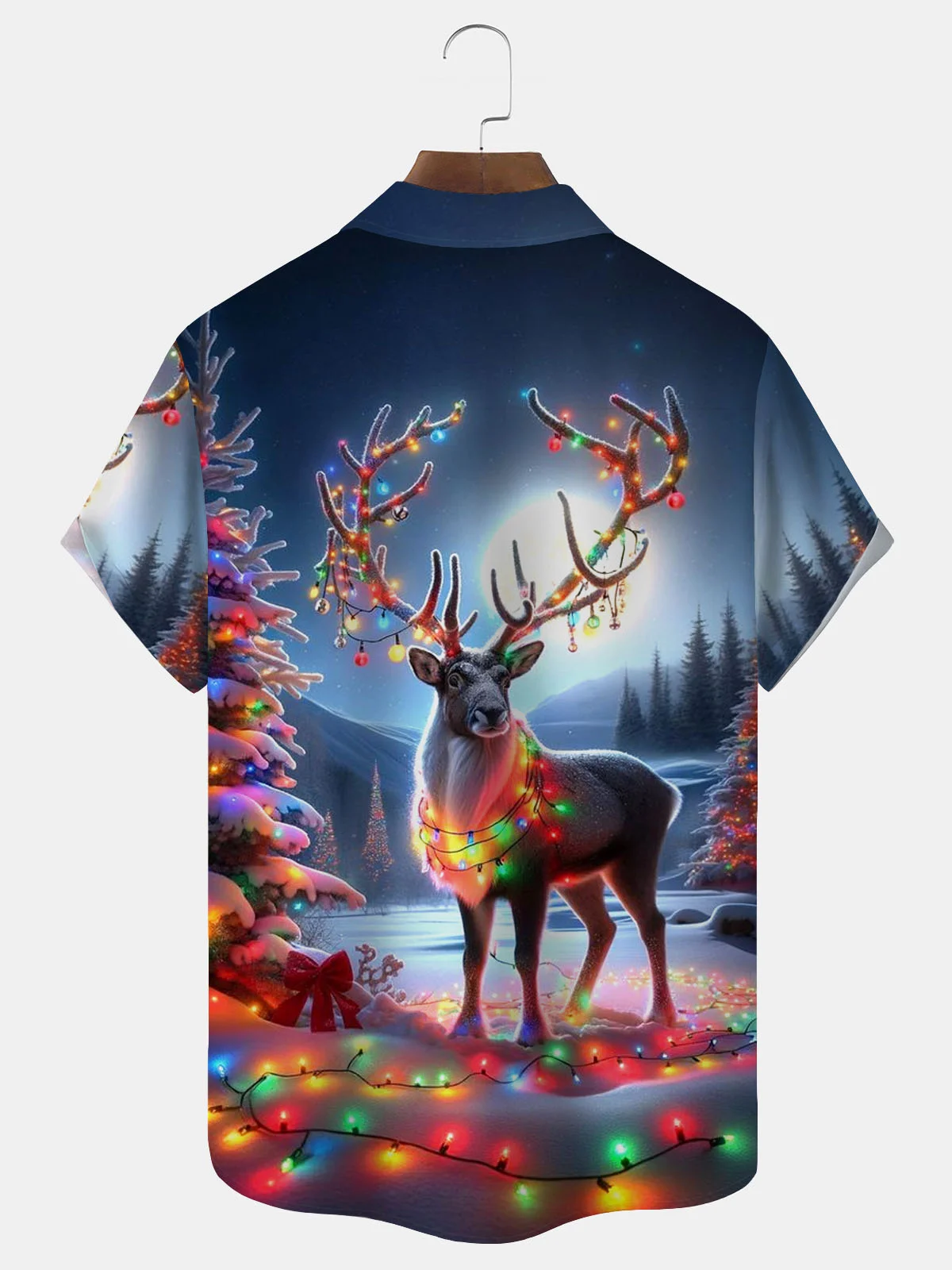 Royaura® Christmas Deer Lantern Print Men's Button Pocket Short Sleeve Shirt Big & Tall