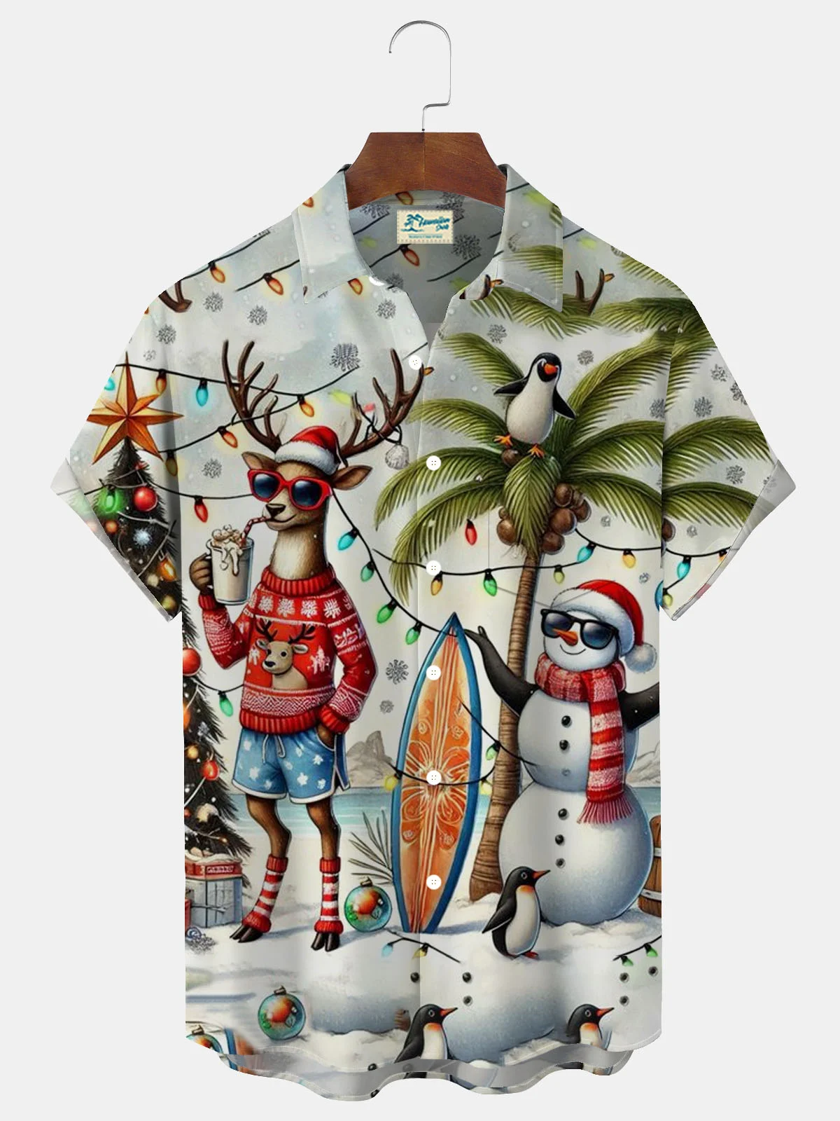 Royaura® Christmas Deer Snowman Lantern Print Men's Button Pocket Short Sleeve Shirt Big & Tall