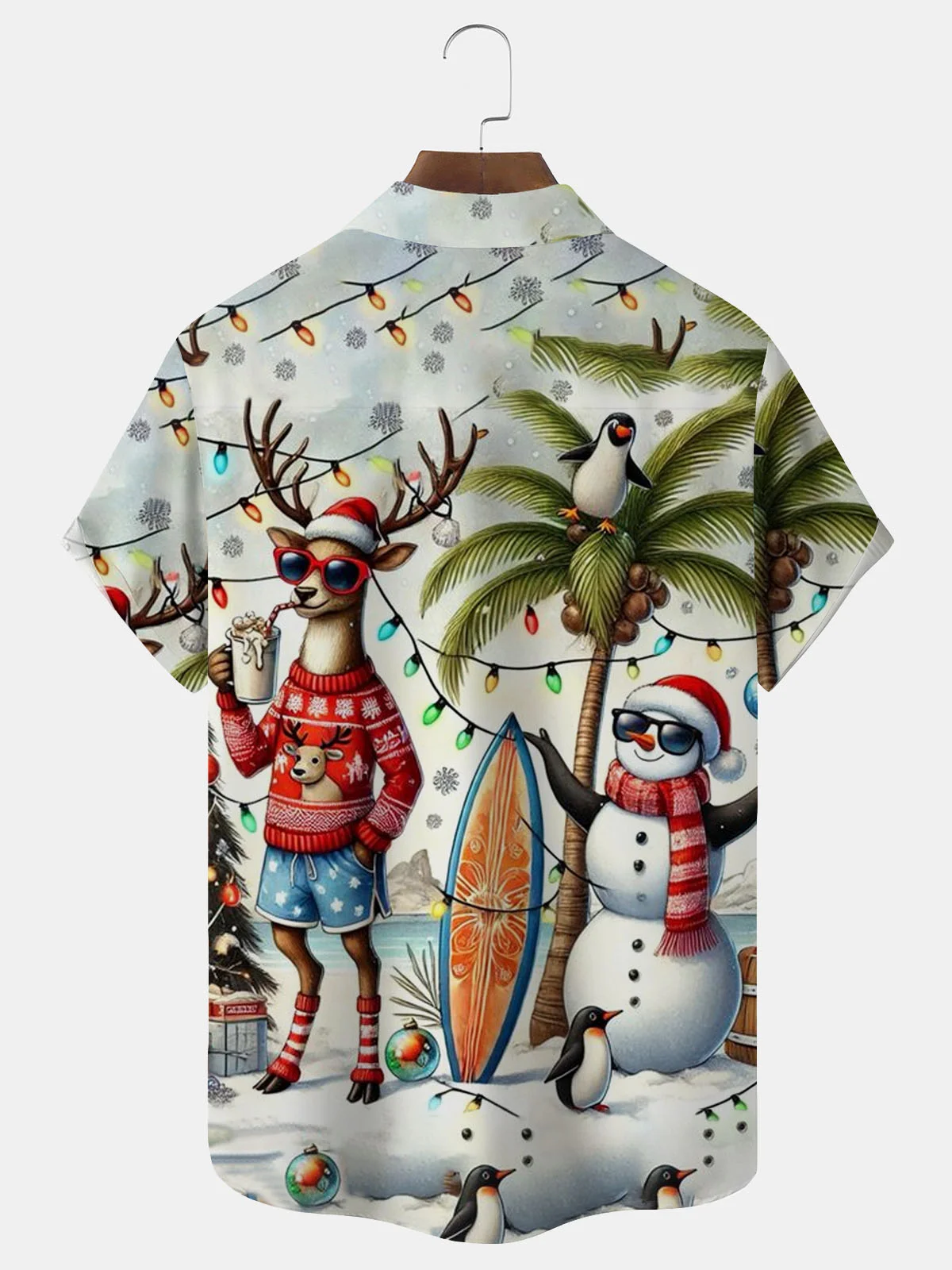 Royaura® Christmas Deer Snowman Lantern Print Men's Button Pocket Short Sleeve Shirt Big & Tall