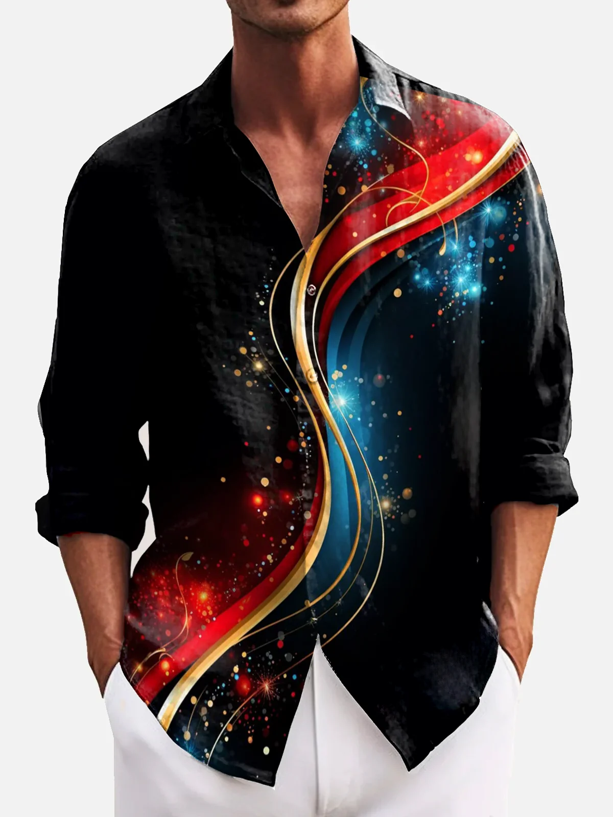 Royaura® Vintage Gradient Print Men's Bowling Chest Pocket Stretch Long Sleeve Shirt Big & Tall