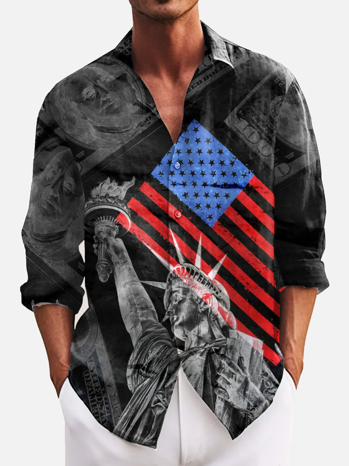 Royaura® Flag Print Statue of Liberty Men's Holiday Chest Pocket Stretch Long Sleeve Shirt Big & Tall