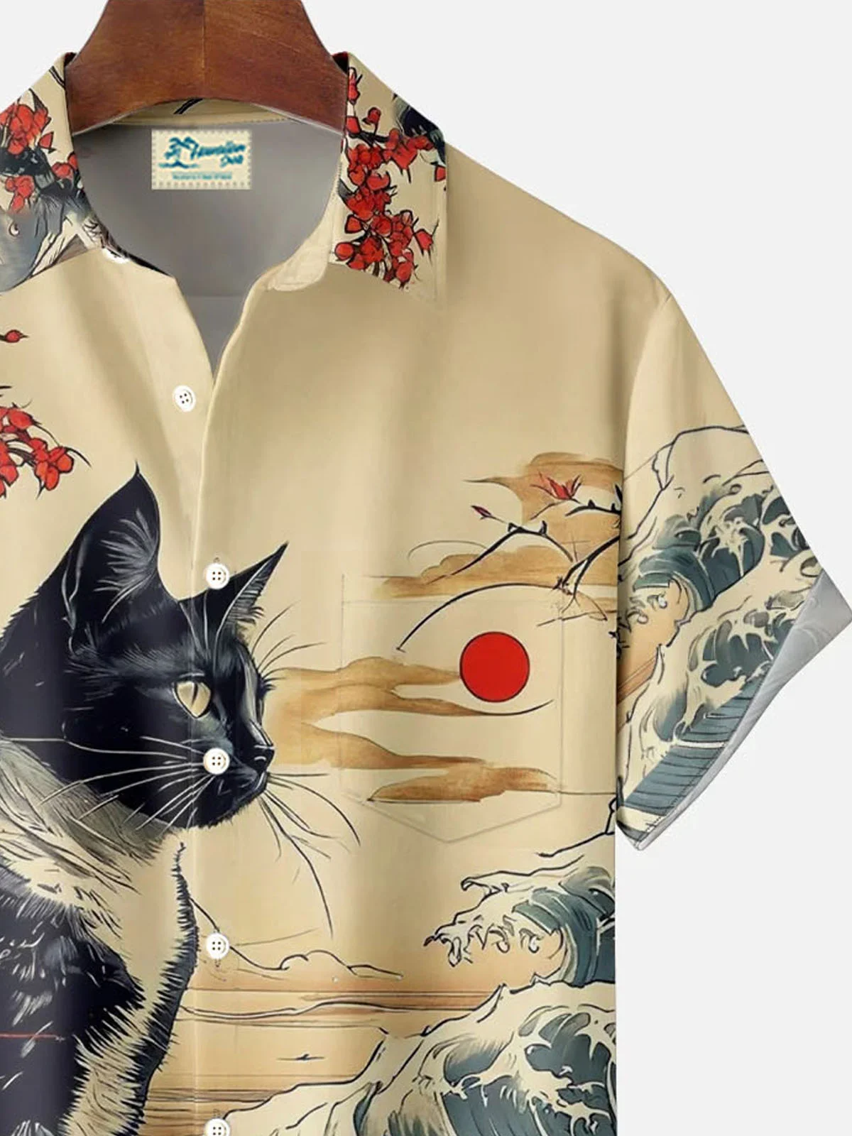 Royaura® Men's Retro Ukiyo-e Cat Print Button Pocket Short Sleeve Shirt Big & Tall