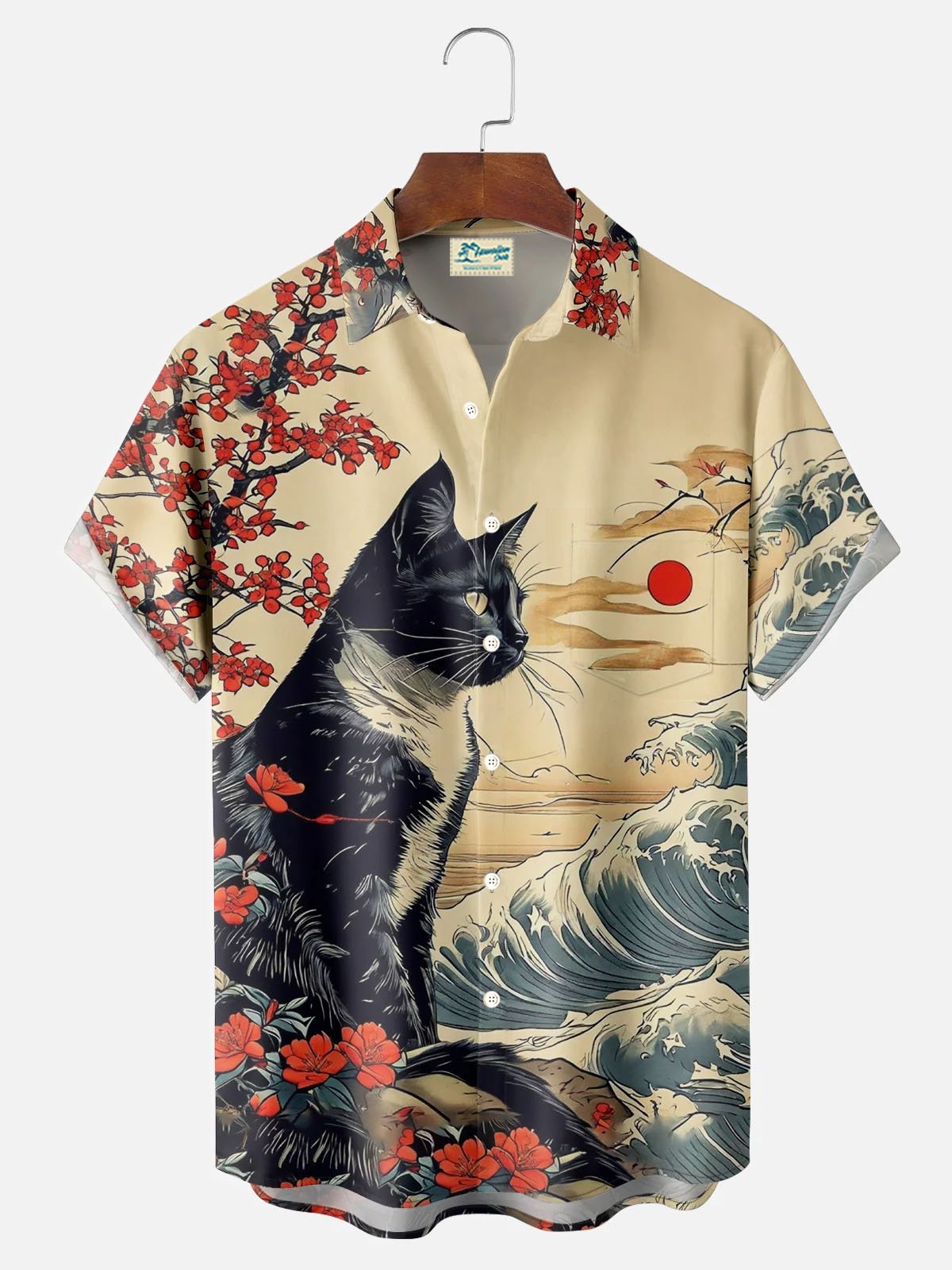 Royaura® Men's Retro Ukiyo-e Cat Print Button Pocket Short Sleeve Shirt Big & Tall