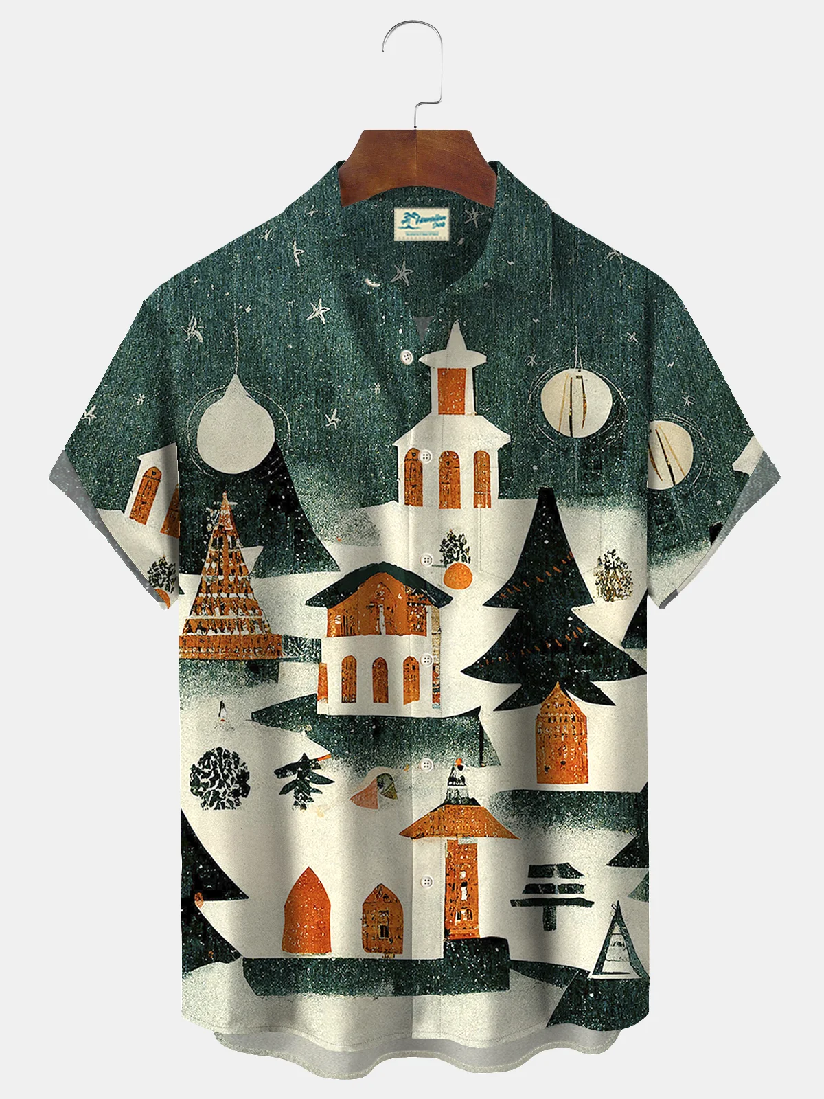 Royaura® Christmas Snow House Print Men's Holiday Chest Pocket Stretch Short Sleeve Shirt Big & Tall