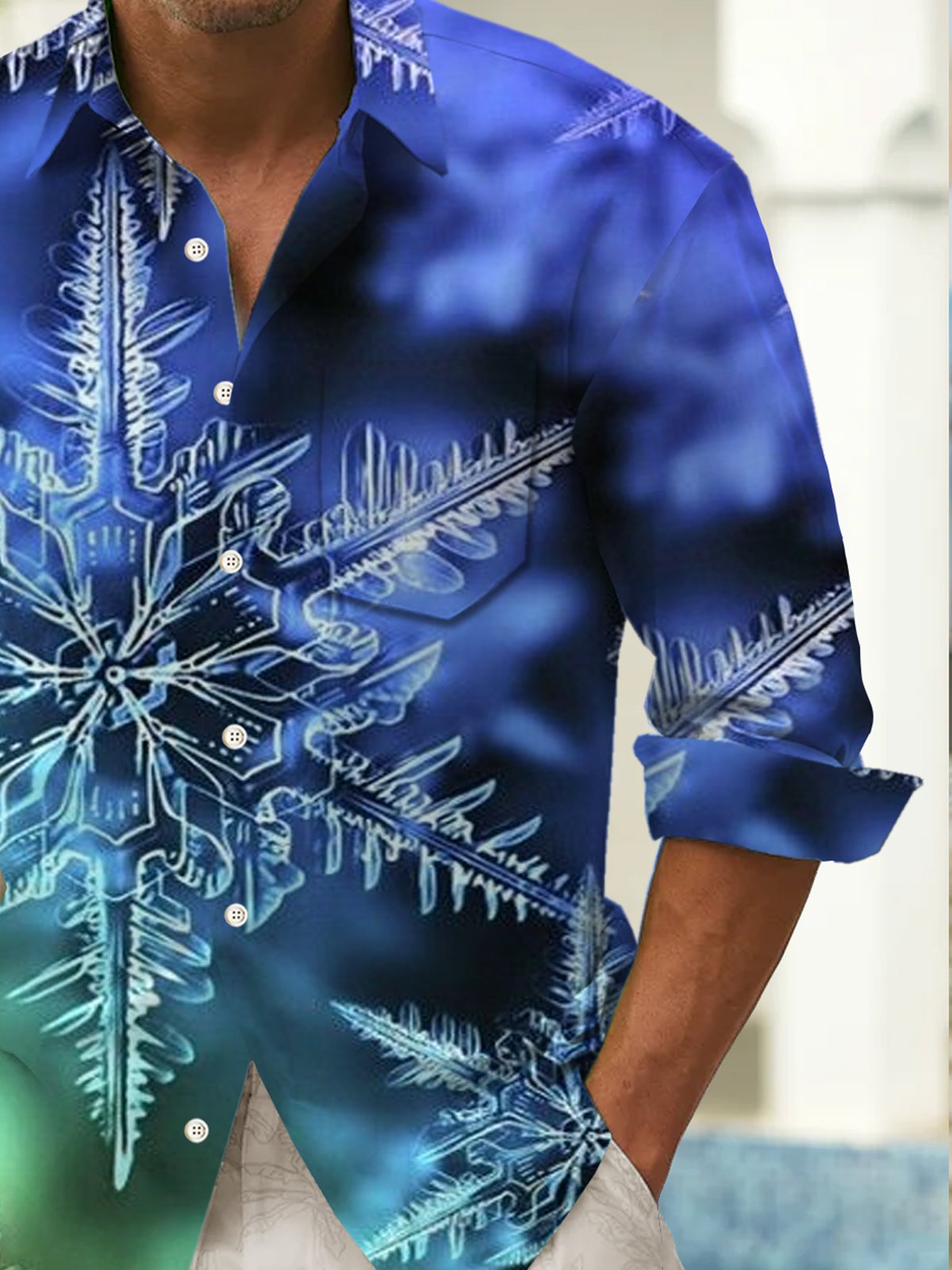 Royaura® Christmas Snowflakes Print Men's Holiday Chest Pocket Stretch Long Sleeve Shirt Big & Tall