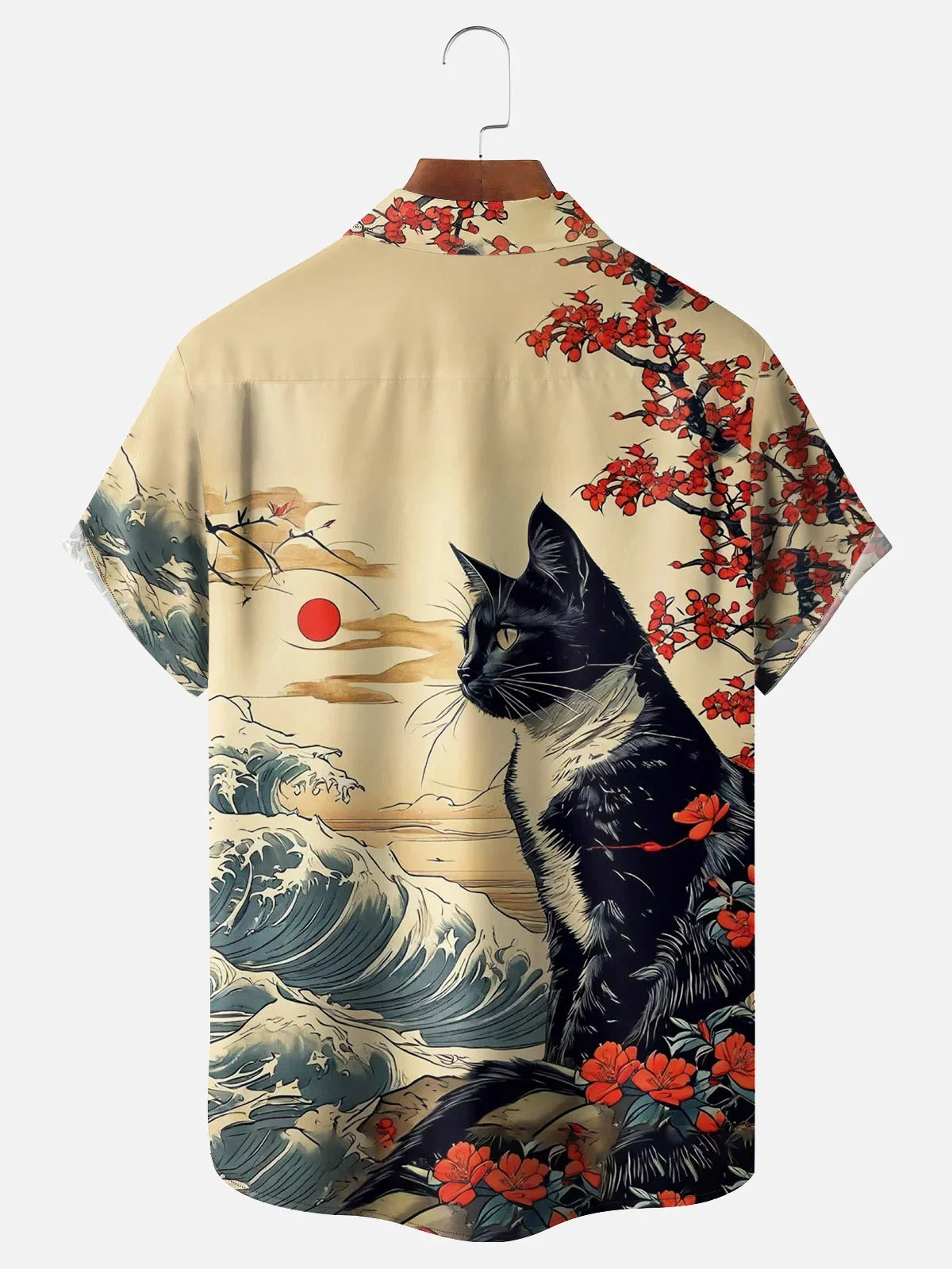 Royaura® Men's Retro Ukiyo-e Cat Print Button Pocket Short Sleeve Shirt Big & Tall