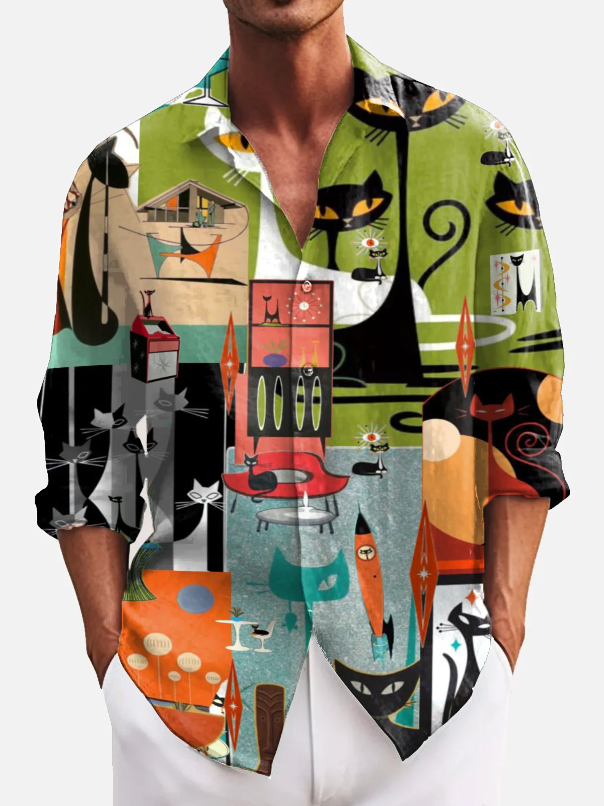 Royaura® Vintage Geometry Cats Print Men's Animal Chest Pocket Stretch Long Sleeve Shirt Big & Tall