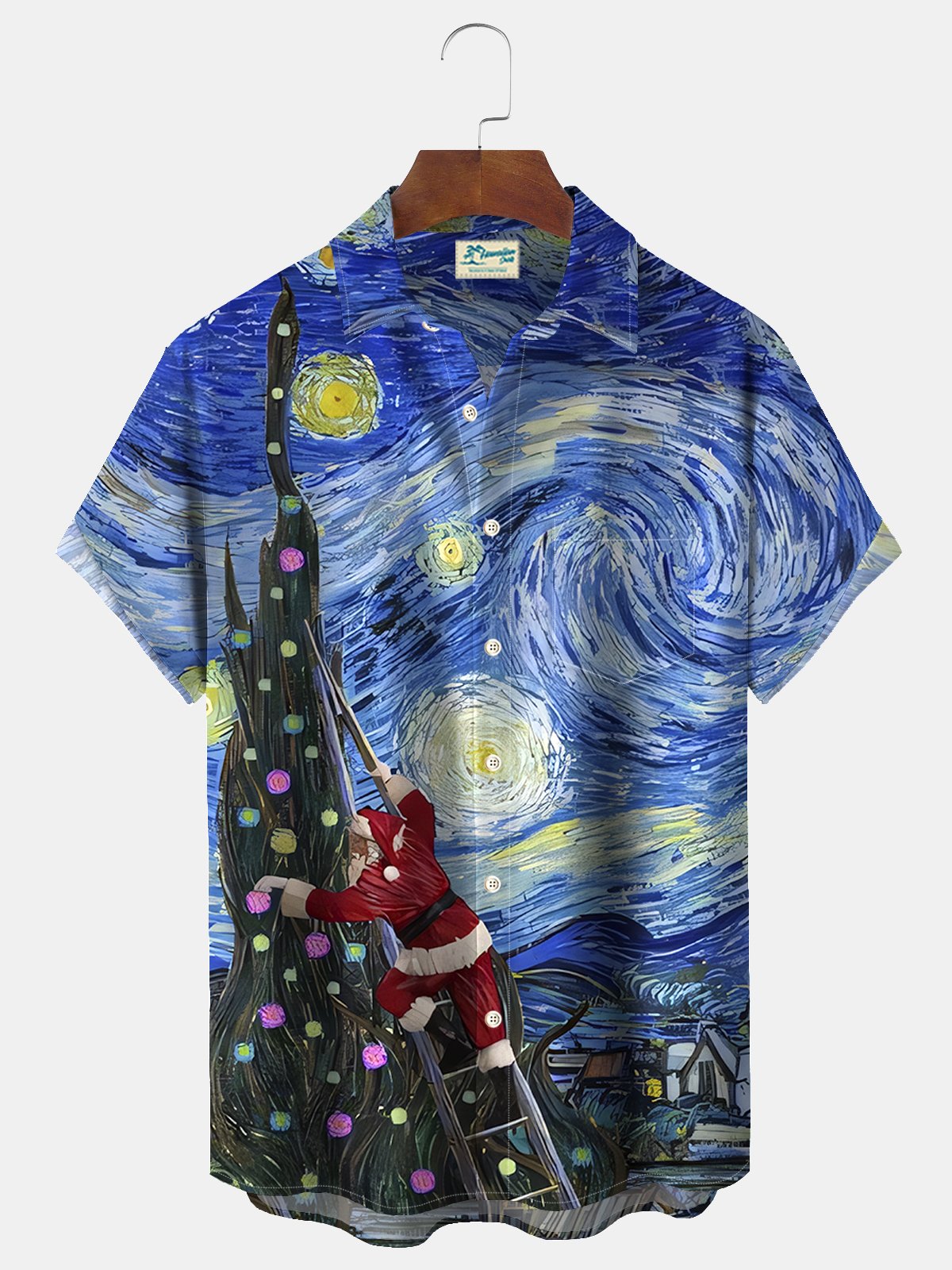 Royaura® Christmas Santa Claus Print Men's Holiday Chest Pocket Stretch Short Sleeve Shirt Big & Tall