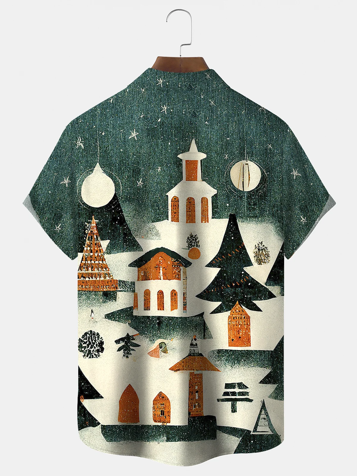 Royaura® Christmas Snow House Print Men's Holiday Chest Pocket Stretch Short Sleeve Shirt Big & Tall